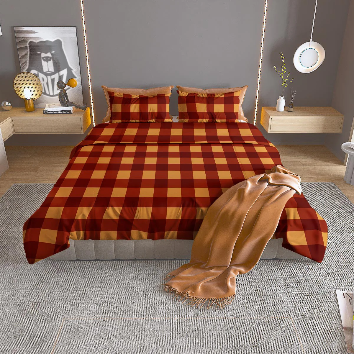 Check Yellow And Red Print Pattern Duvet Cover Bedding Set