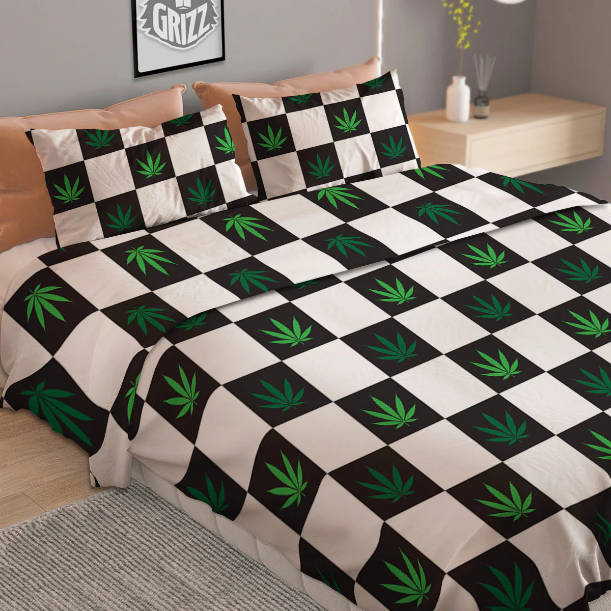 Checked Green Weed Print Pattern Duvet Cover Bedding Set - Image 2