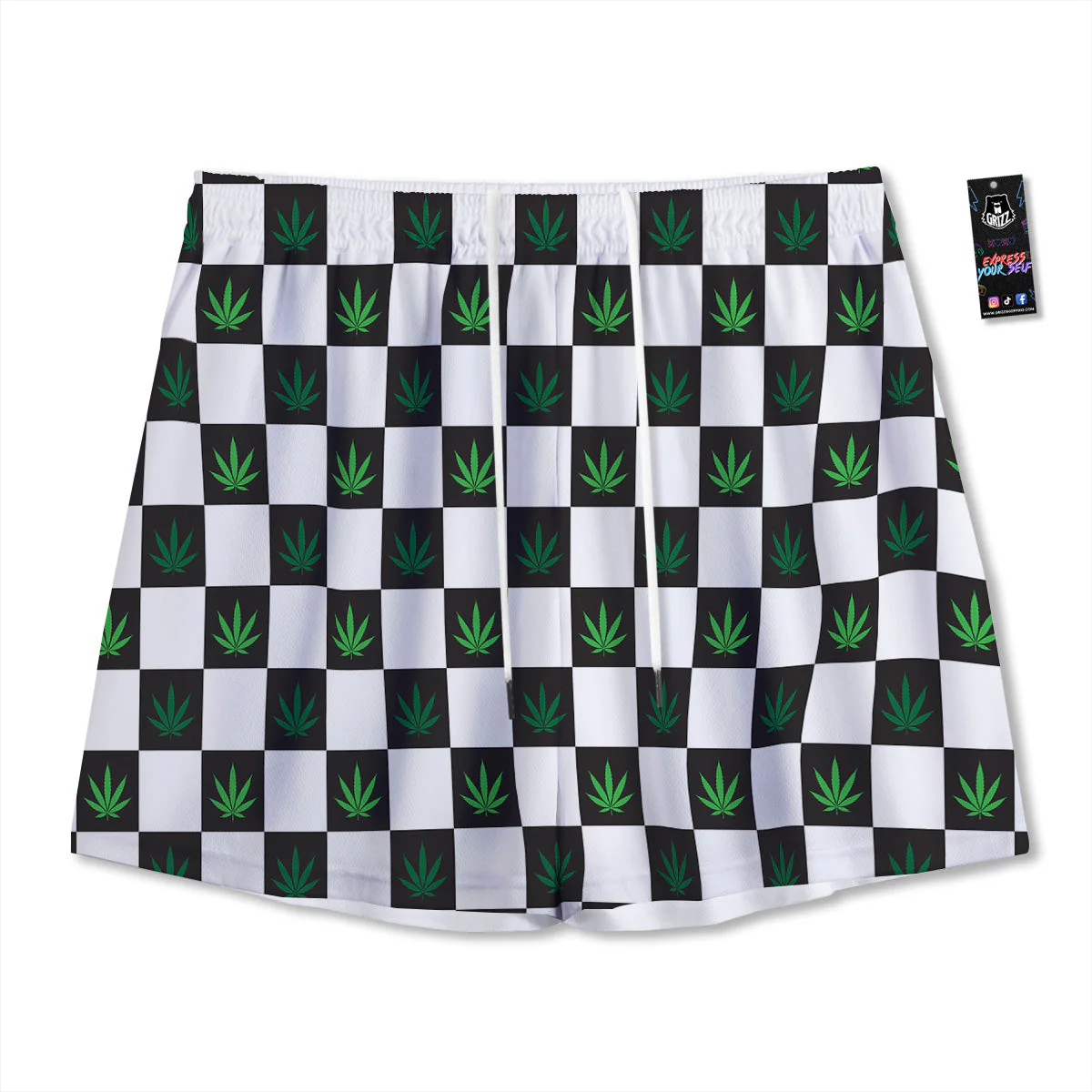 Checked Green Weed Print Pattern Mesh Shorts