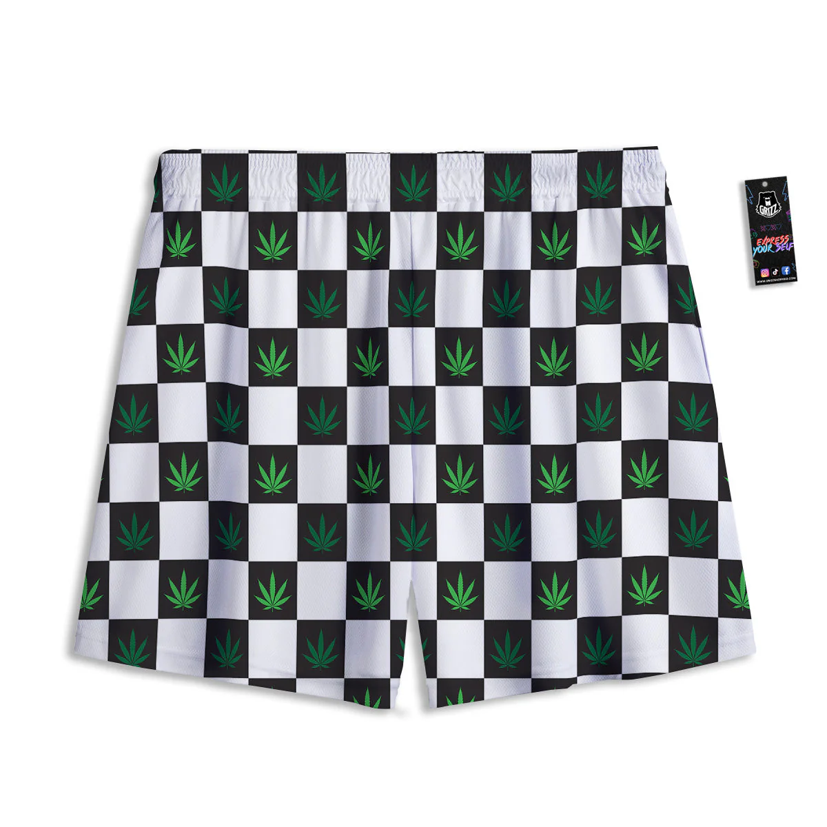 Checked Green Weed Print Pattern Mesh Shorts - Image 2