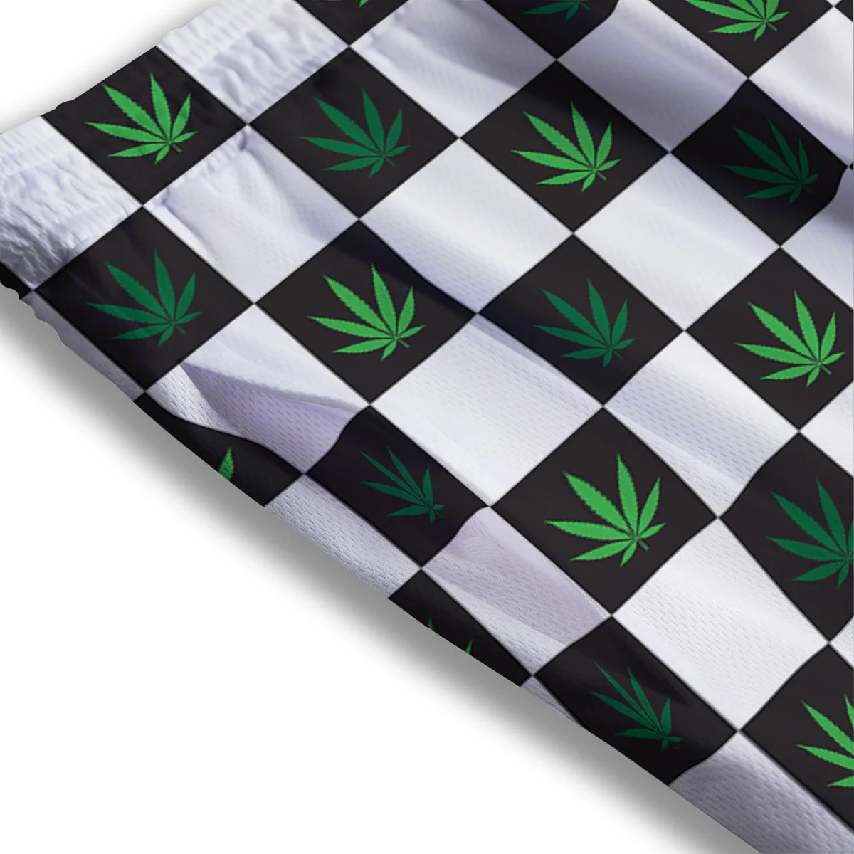 Checked Green Weed Print Pattern Mesh Shorts - Image 3