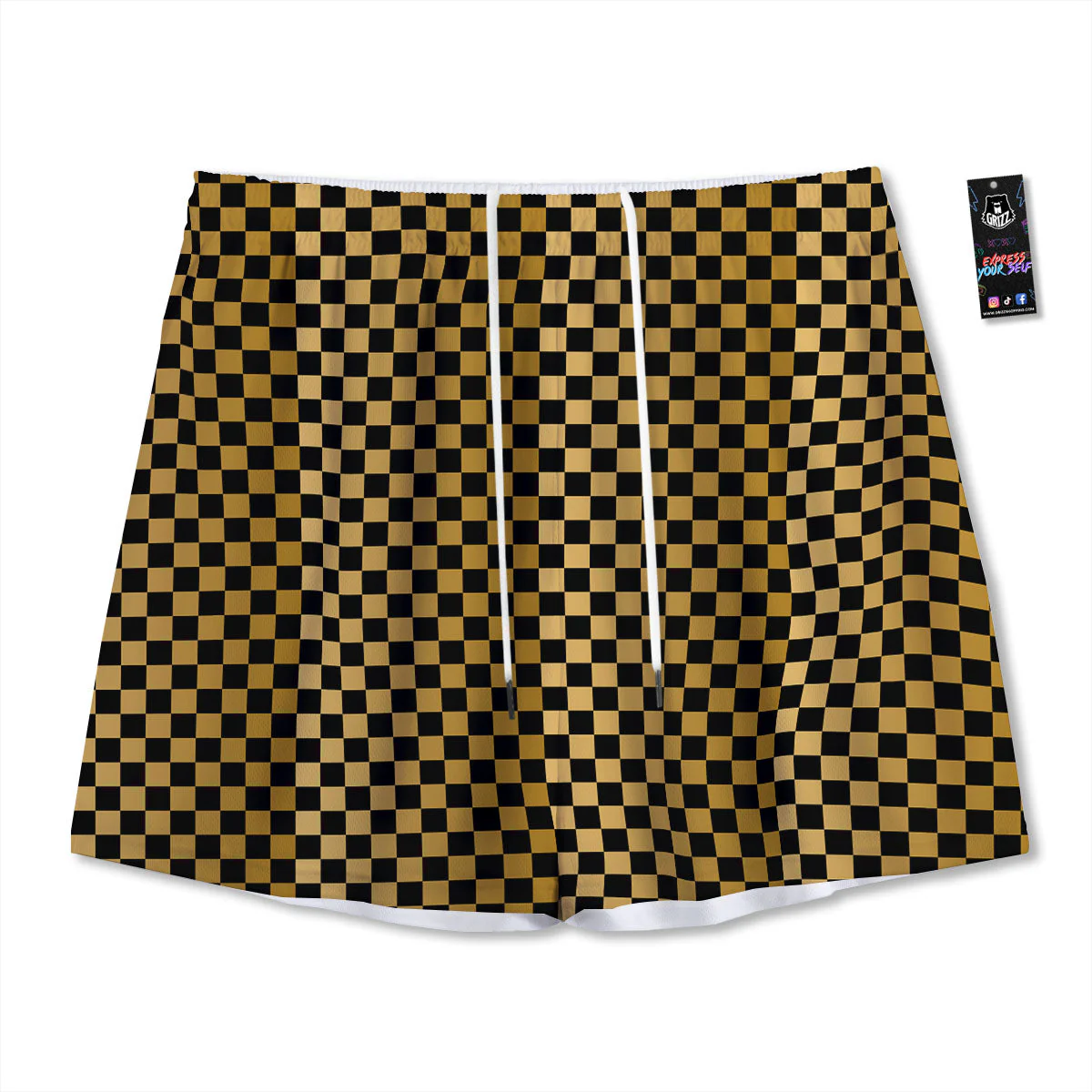 Checkered Black And Gold Print Pattern Mesh Shorts