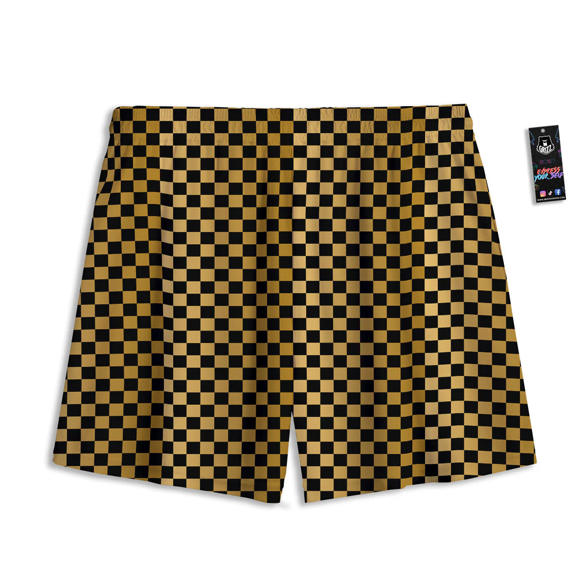 Checkered Black And Gold Print Pattern Mesh Shorts - Image 2