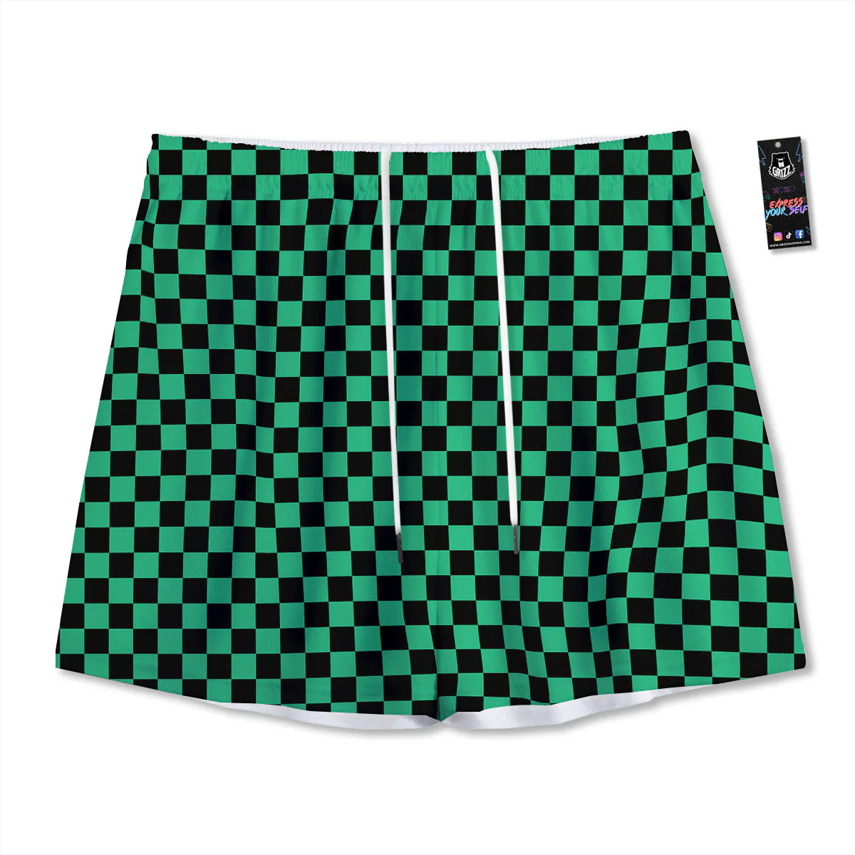 Checkered Black And Green Print Pattern Mesh Shorts