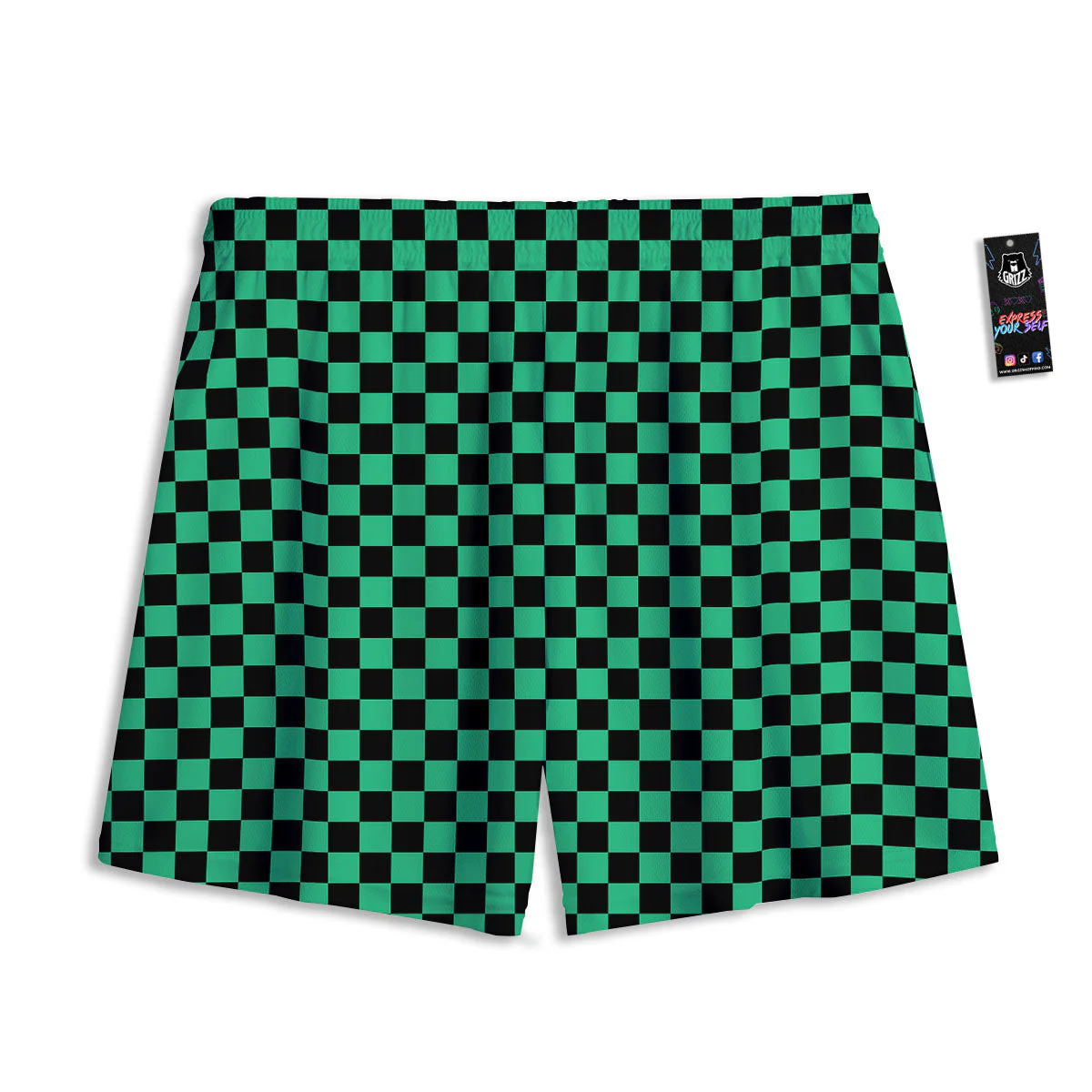Checkered Black And Green Print Pattern Mesh Shorts - Image 2