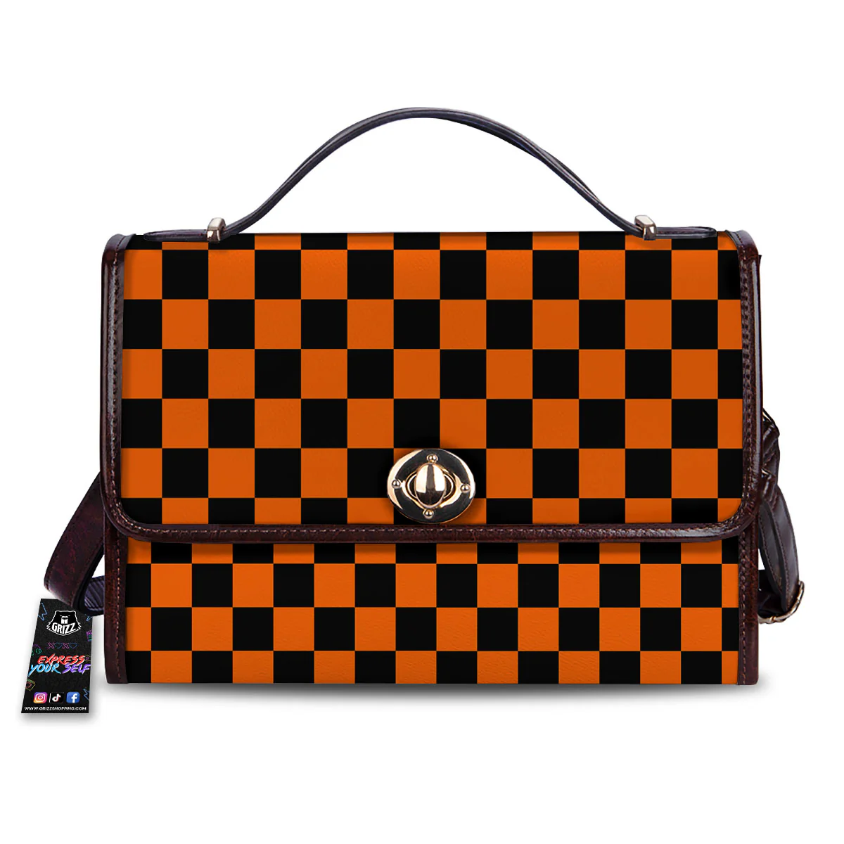 Checkered Black And Orange Print Pattern Women's Satchel Bag