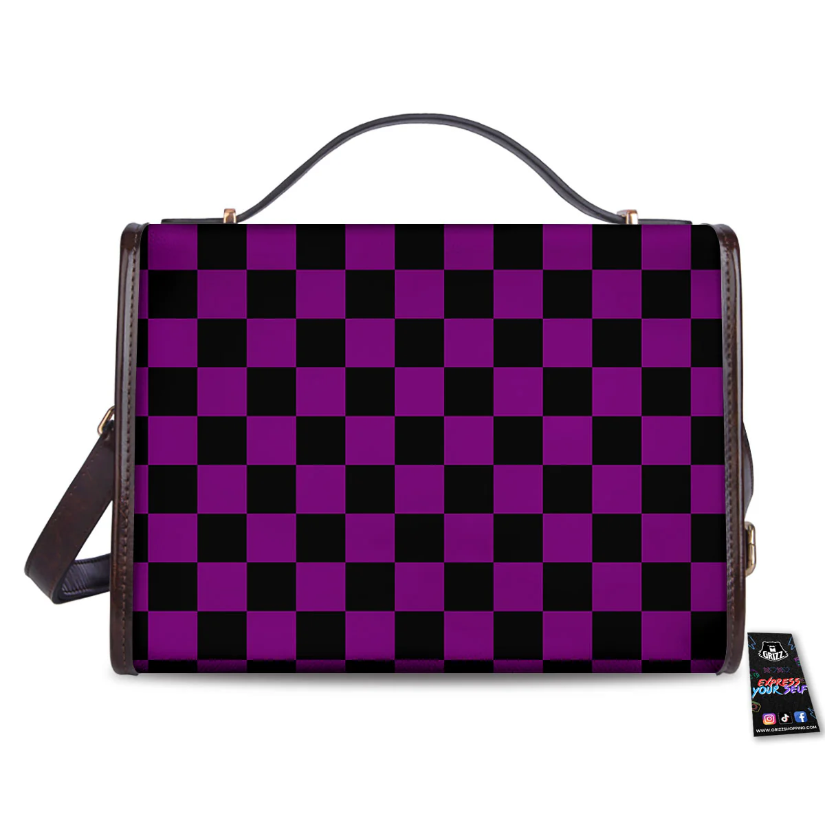 Checkered Black And Purple Print Pattern Women's Satchel Bag - Image 2