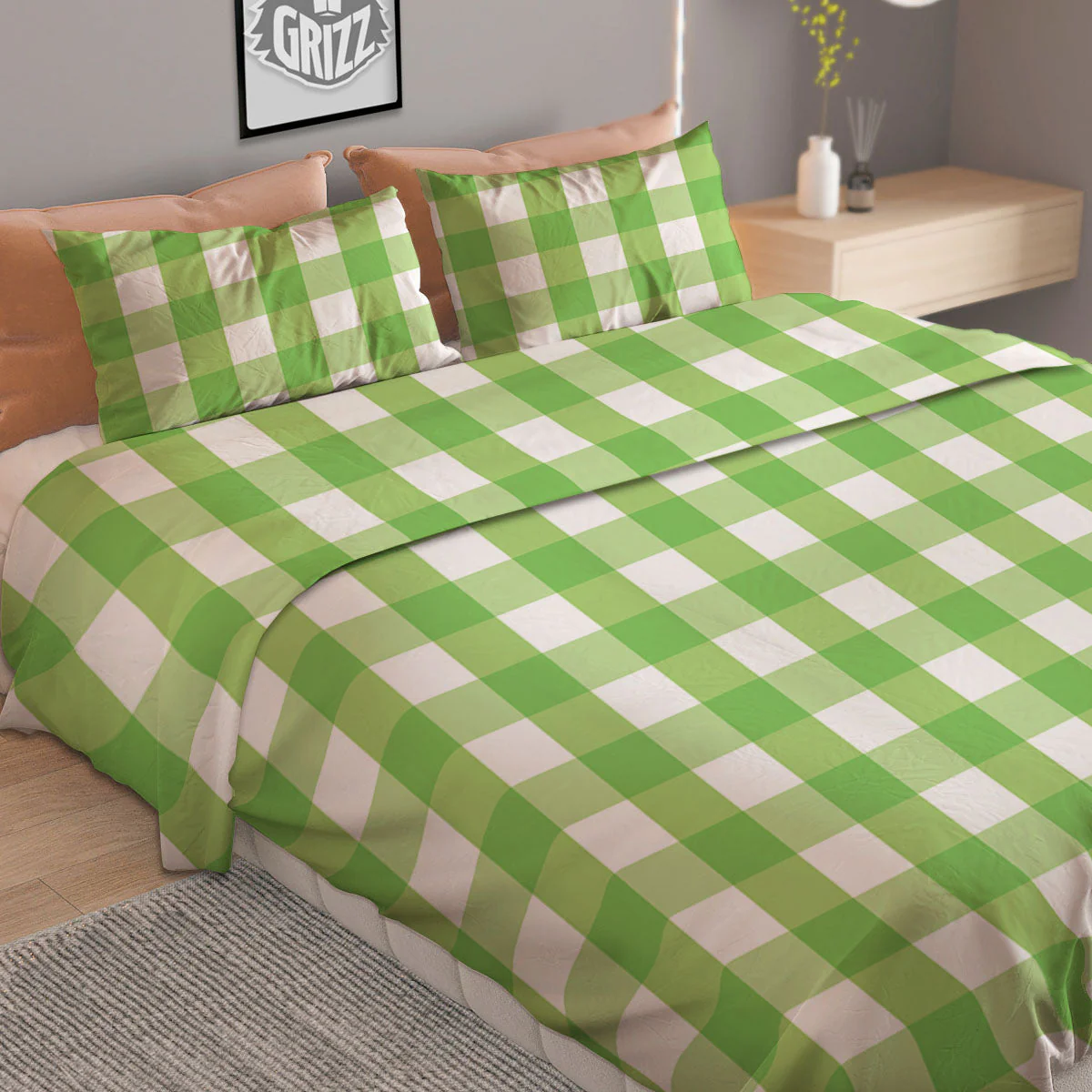 Checkered Green And White Print Pattern Duvet Cover Bedding Set - Image 2