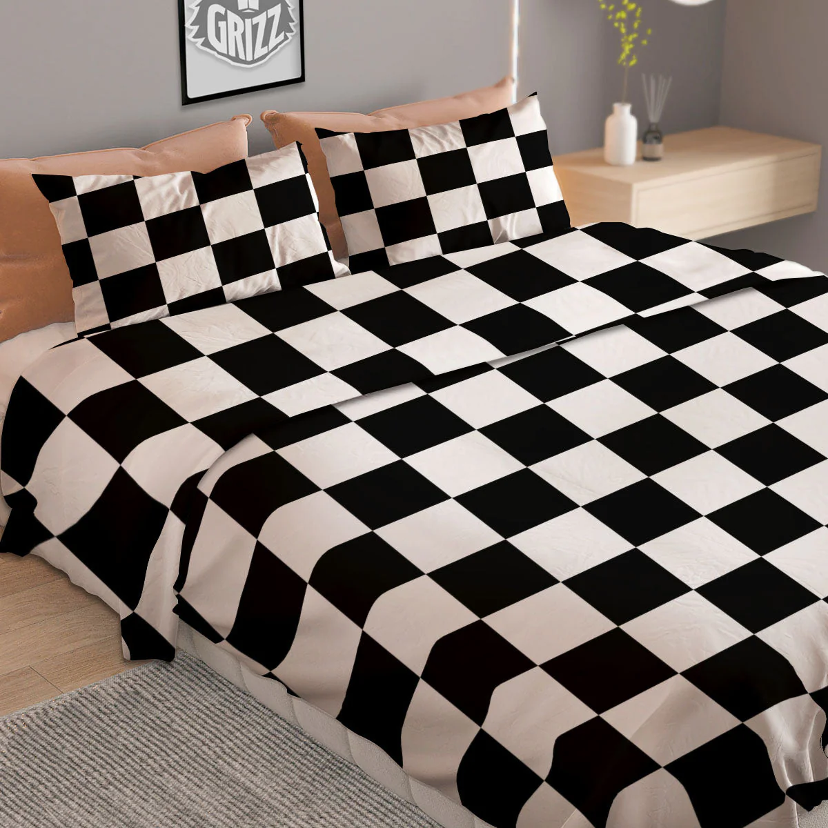 Checkered White And Black Print Pattern Duvet Cover Bedding Set - Image 2