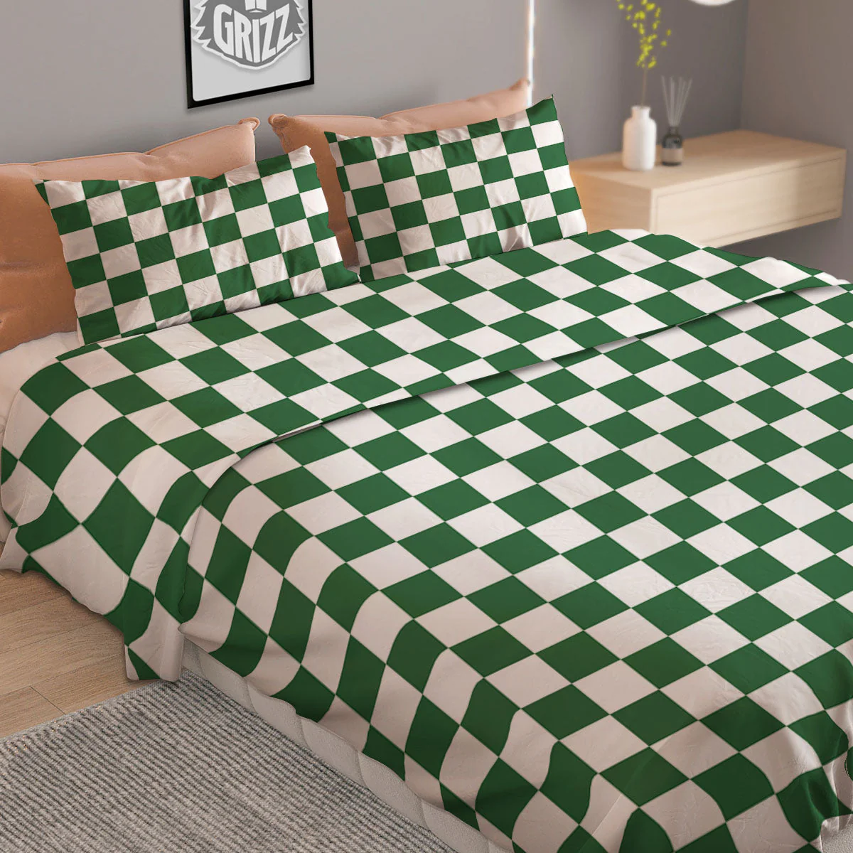 Checkered White And Green Print Pattern Duvet Cover Bedding Set - Image 2
