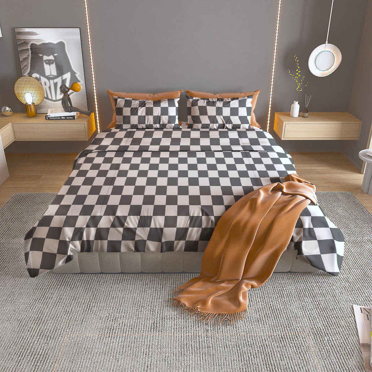 Checkered White And Grey Print Pattern Duvet Cover Bedding Set