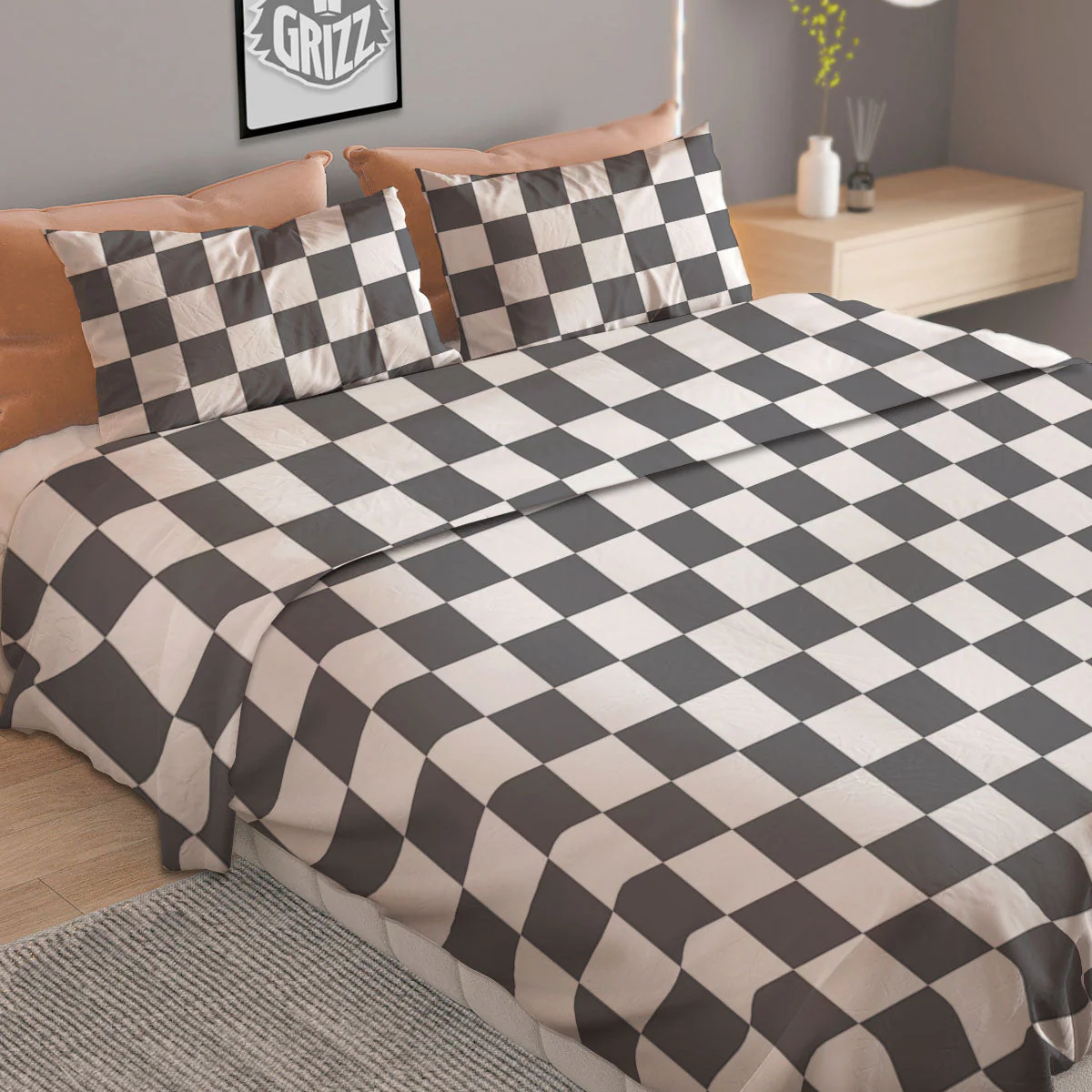 Checkered White And Grey Print Pattern Duvet Cover Bedding Set - Image 2