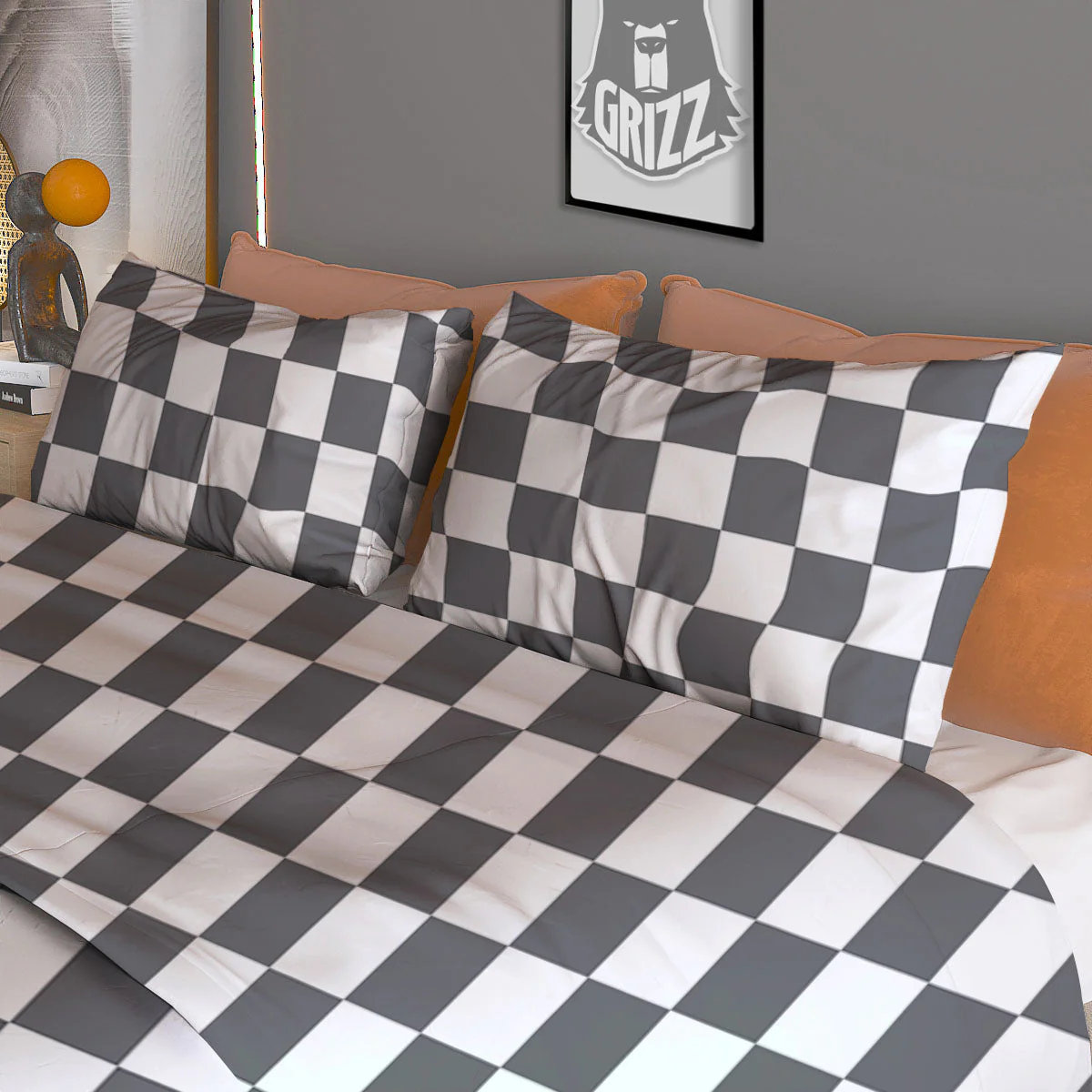 Checkered White And Grey Print Pattern Duvet Cover Bedding Set - Image 3