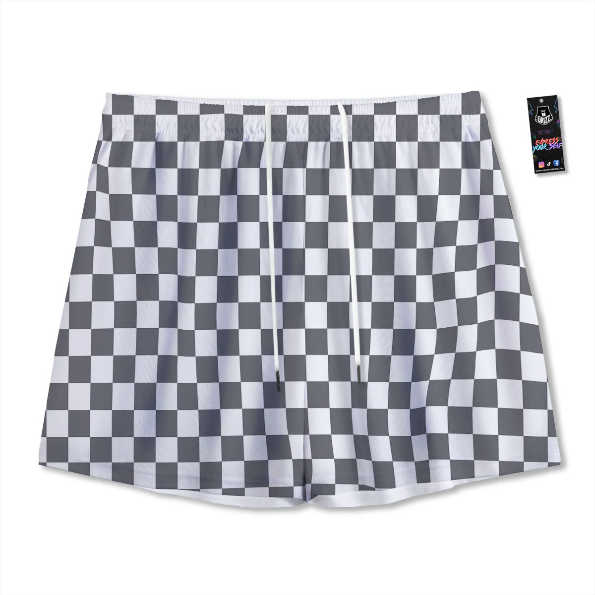 Checkered White And Grey Print Pattern Mesh Shorts