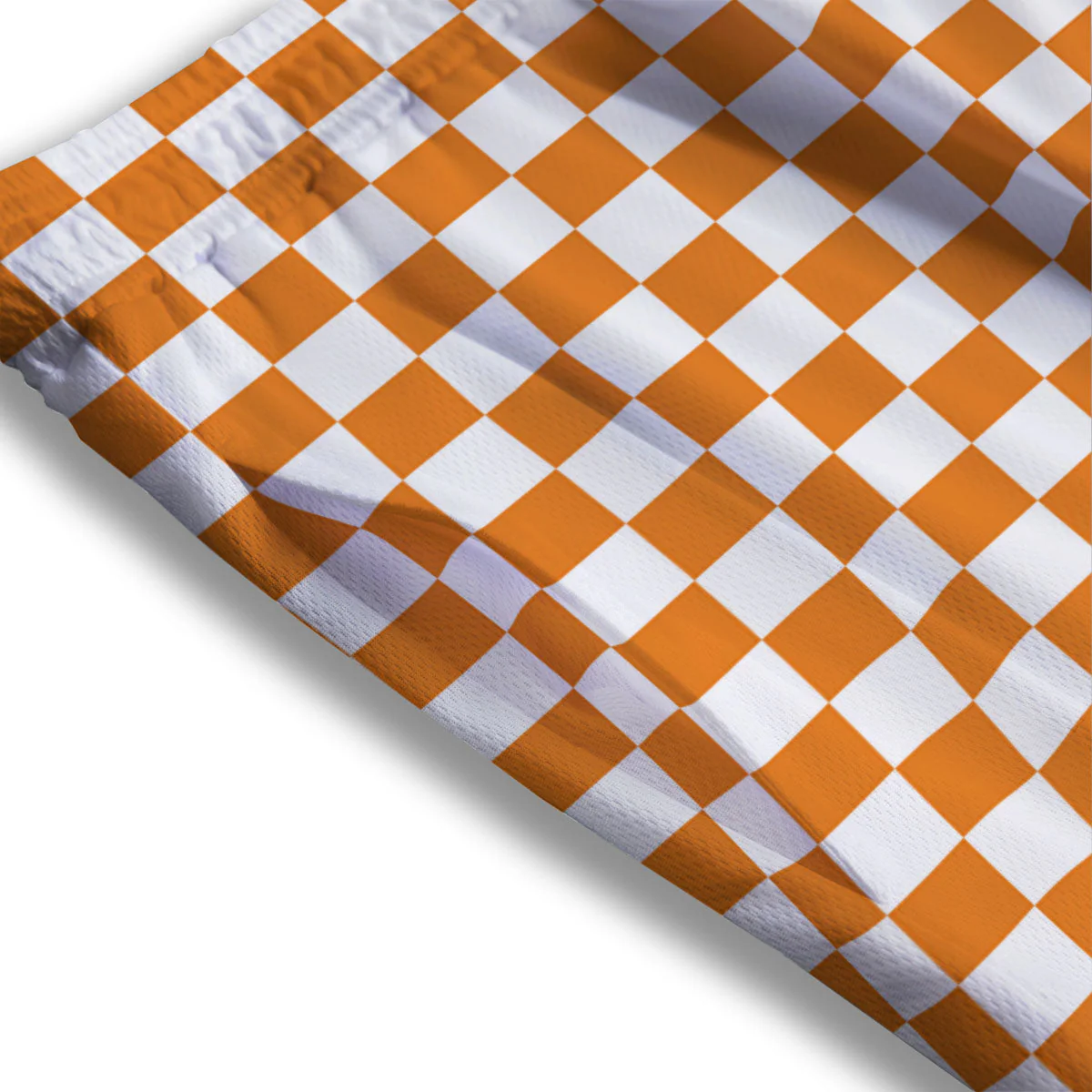 Checkered White And Orange Print Pattern Mesh Shorts - Image 3