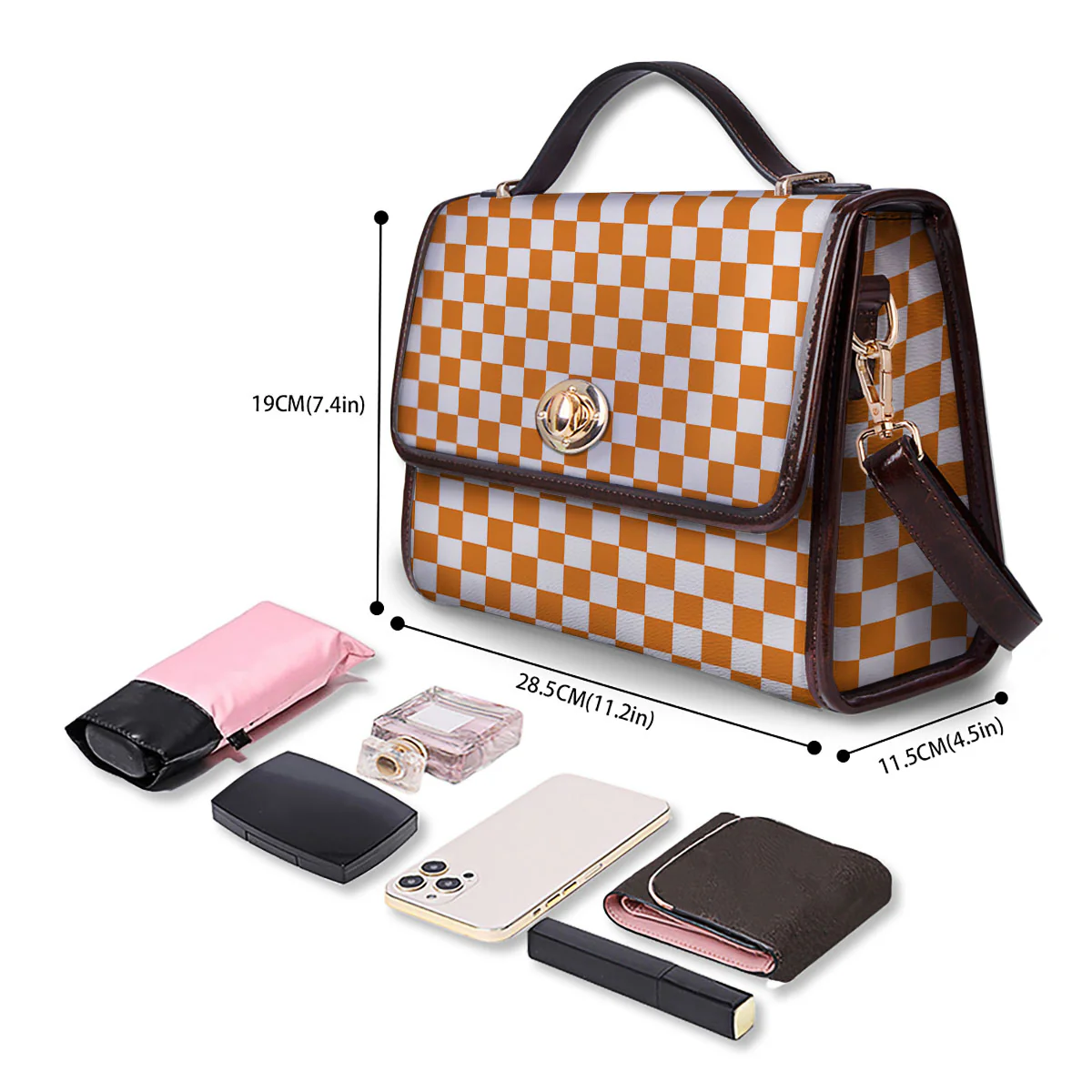 Checkered White And Orange Print Pattern Women's Satchel Bag - Image 4