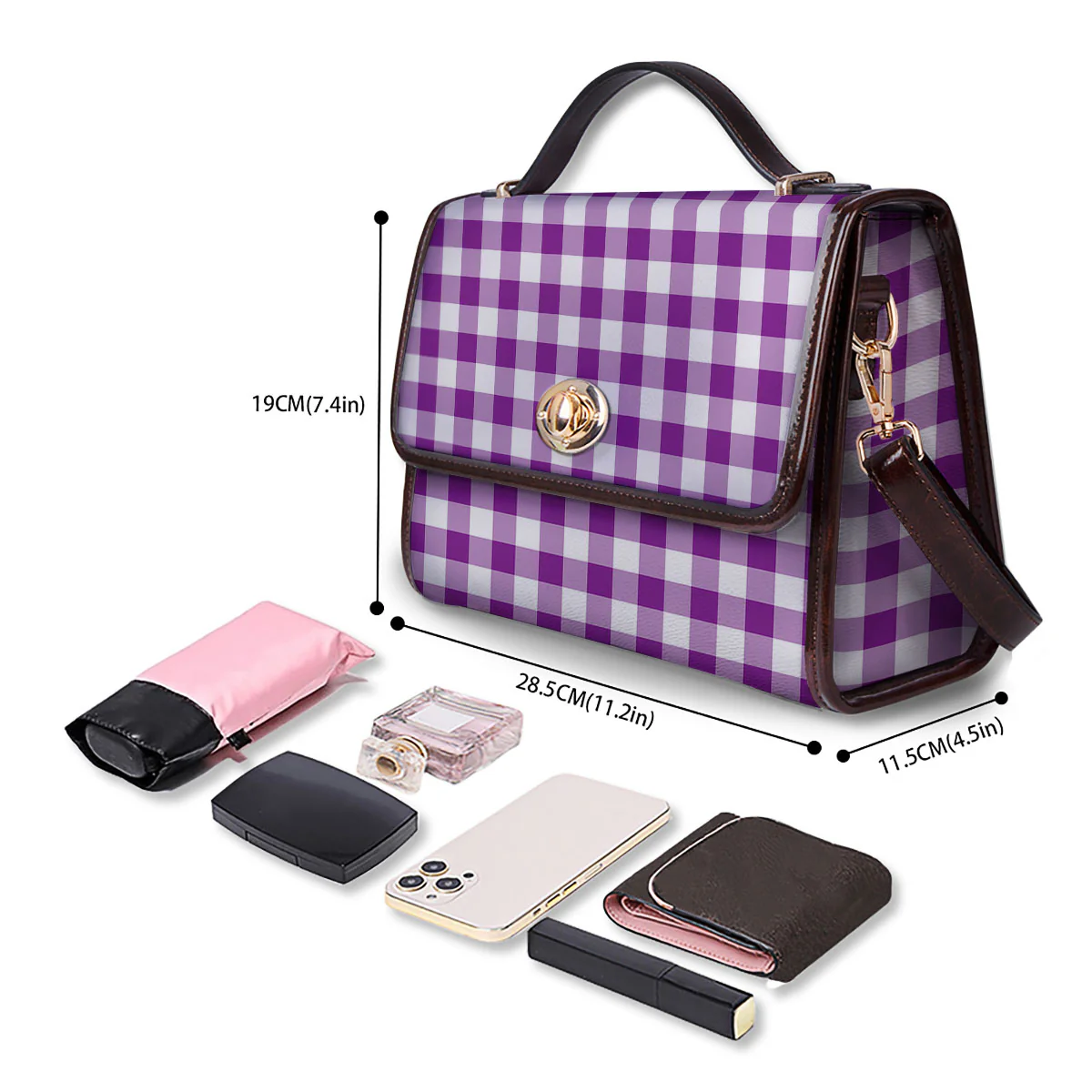 Checkered White And Purple Print Pattern Women's Satchel Bag - Image 4