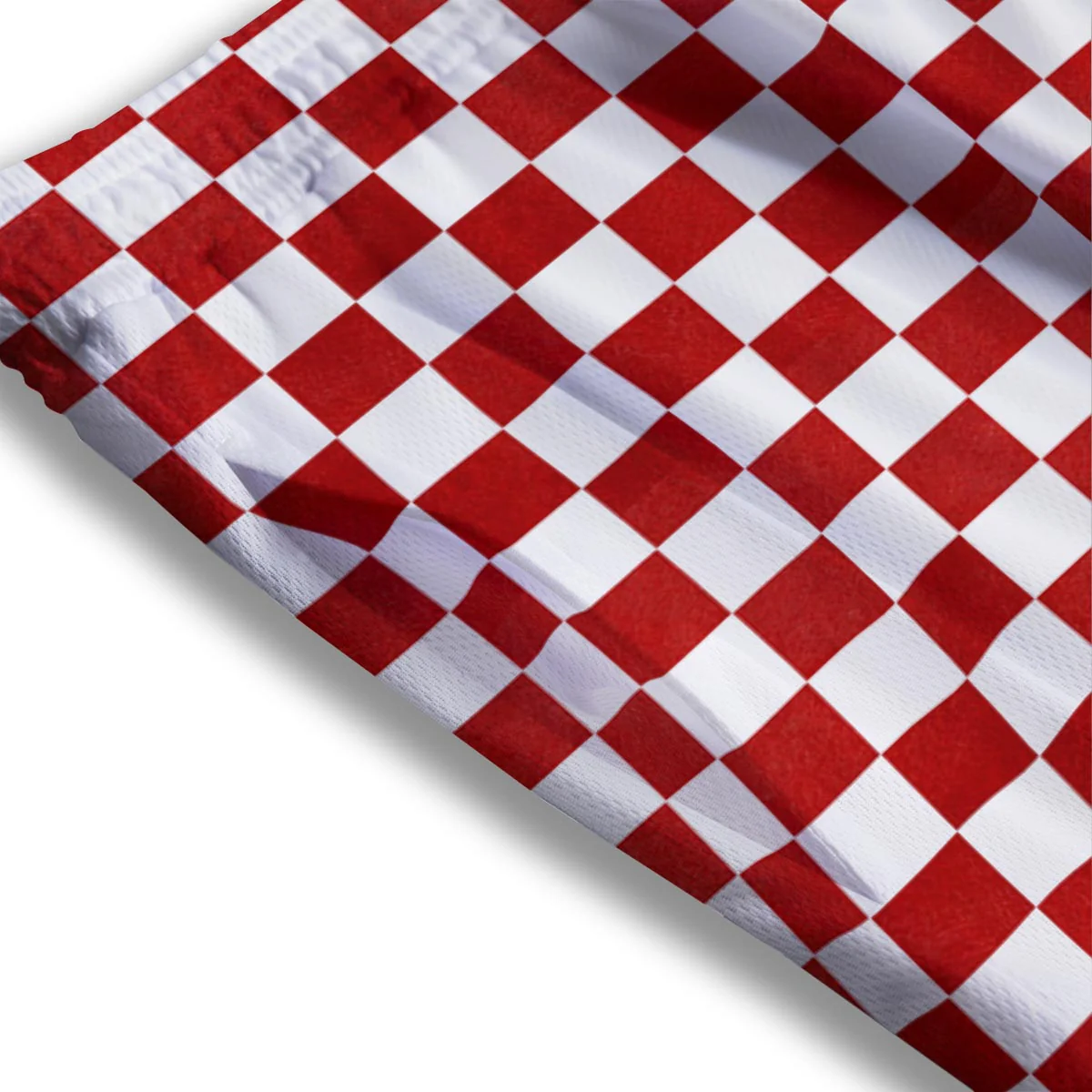 Checkered White And Red Print Pattern Mesh Shorts - Image 3