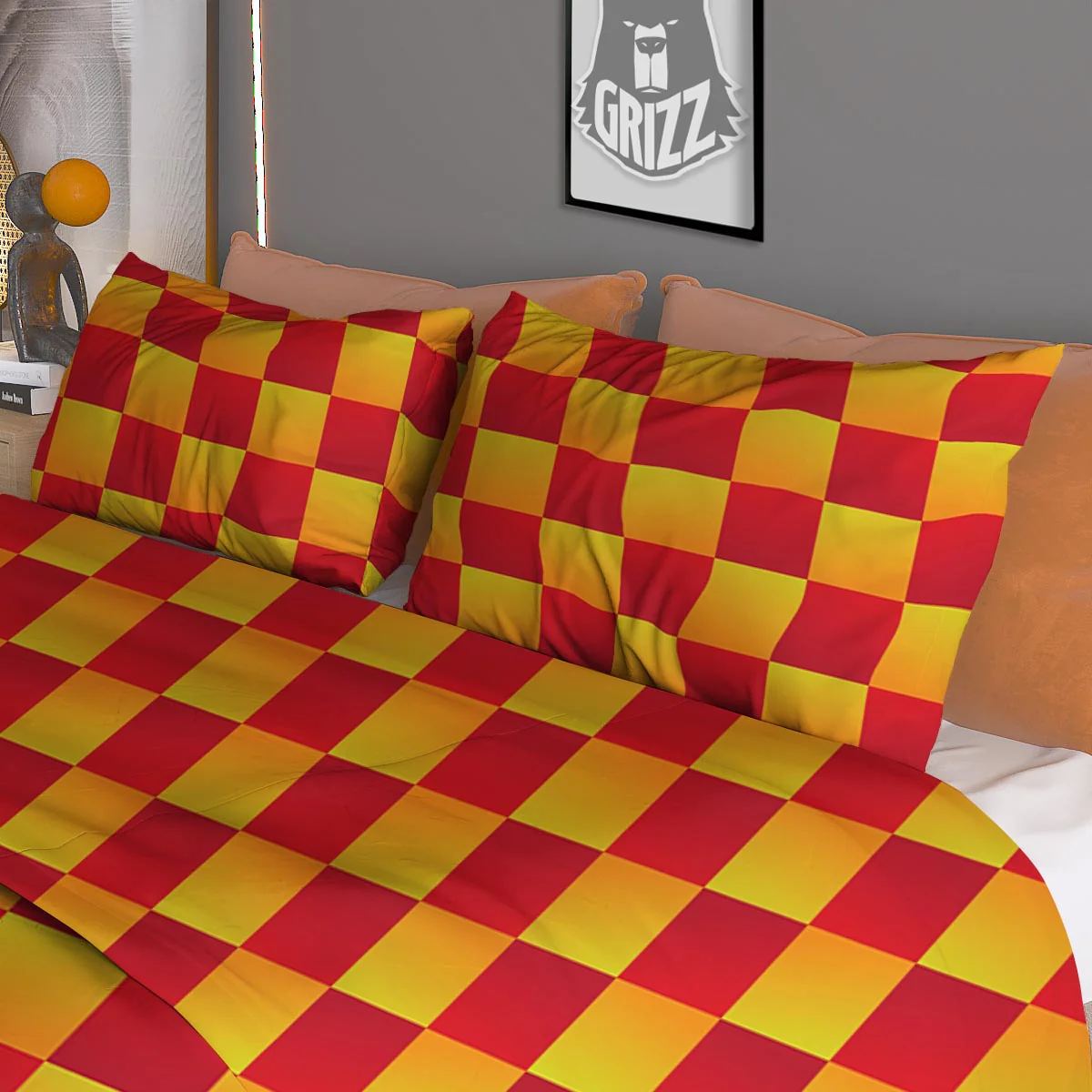 Checkered Yellow And Red Print Pattern Duvet Cover Bedding Set - Image 3