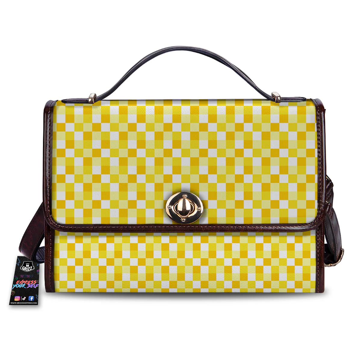 Checkered Yellow And White Print Pattern Women's Satchel Bag