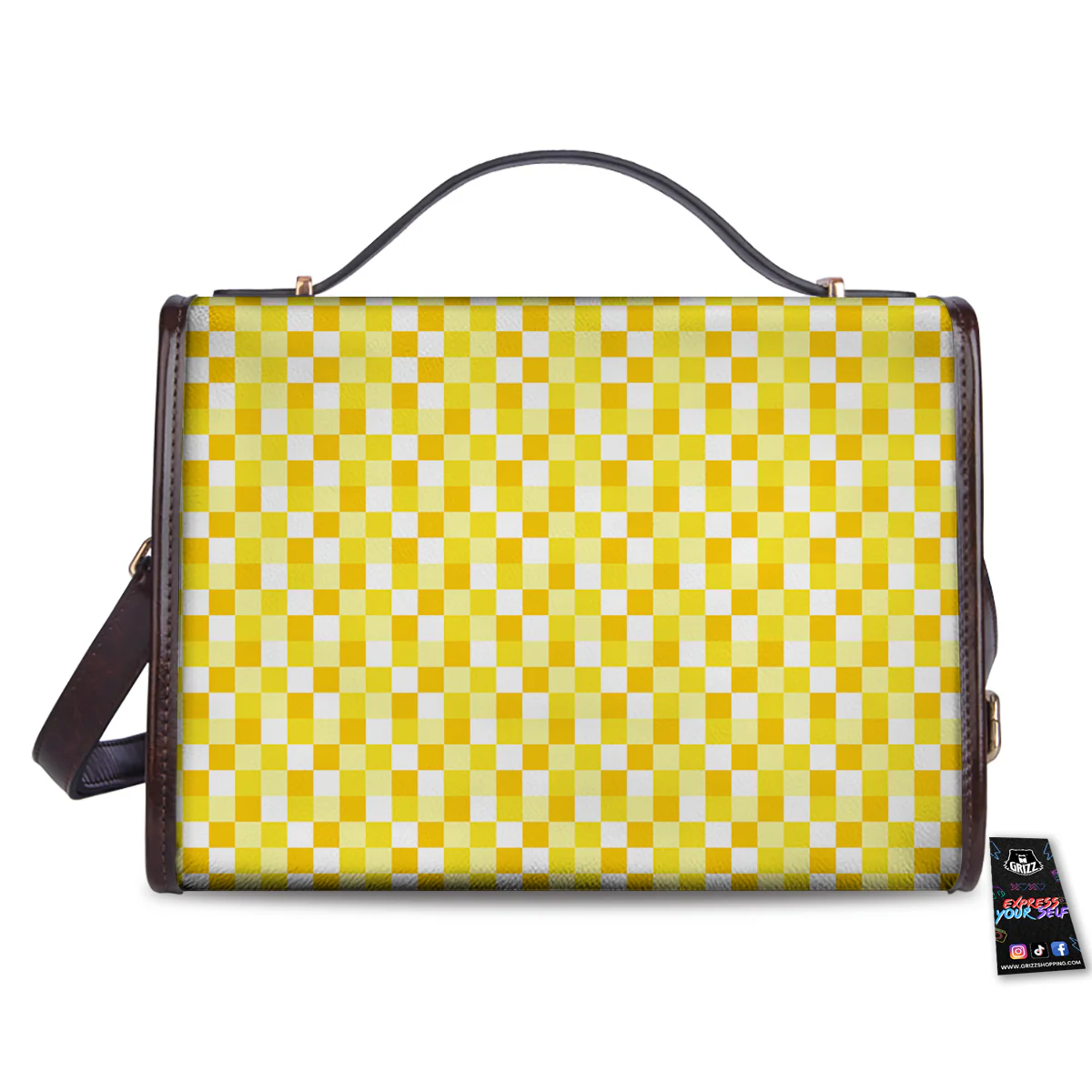 Checkered Yellow And White Print Pattern Women's Satchel Bag - Image 2