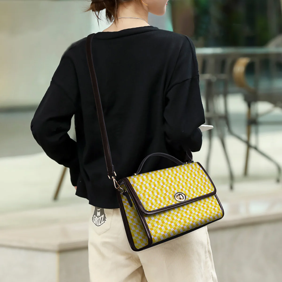 Checkered Yellow And White Print Pattern Women's Satchel Bag - Image 3