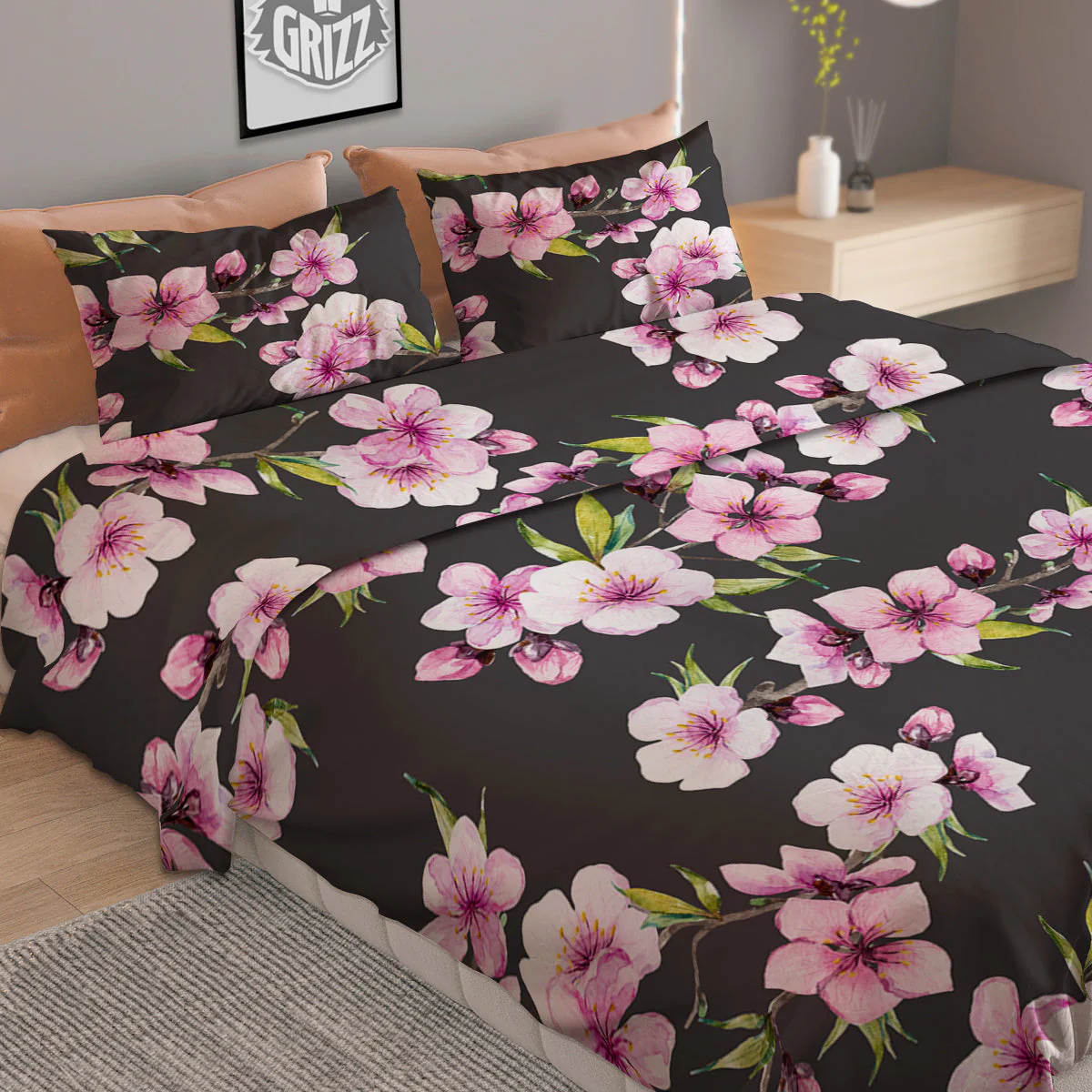Cherry Blossom Watercolor Print Pattern Duvet Cover Bedding Set - Image 2