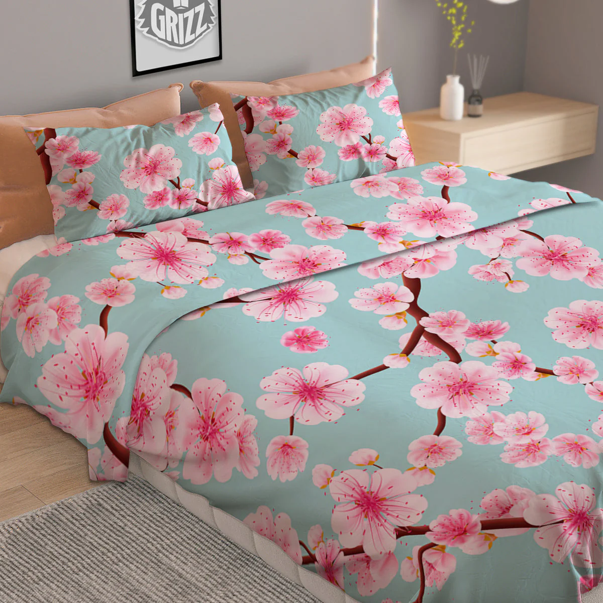 Cherry Blossom White Print Pattern Duvet Cover Bedding Set - Image 2