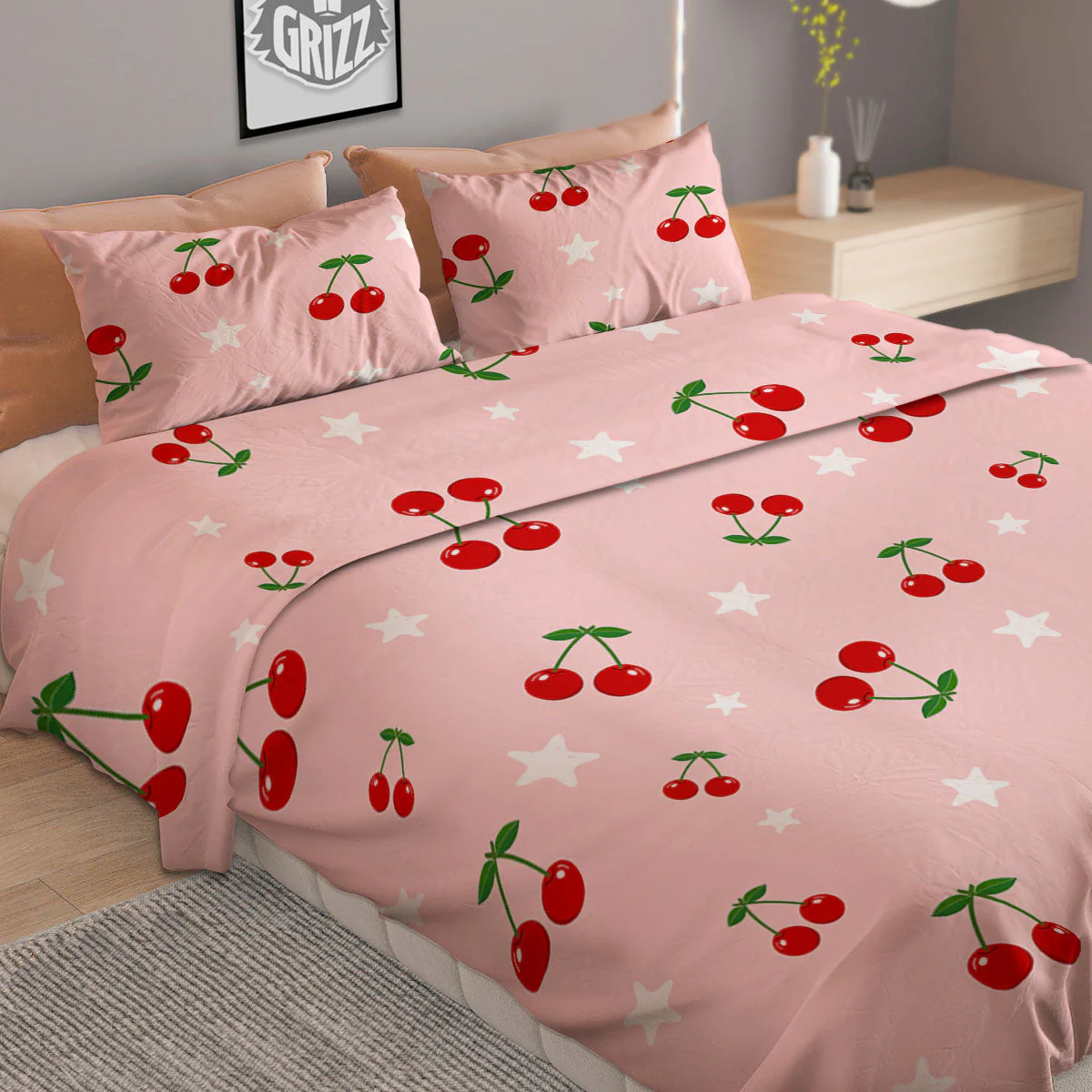 Cherry Pink Print Pattern Duvet Cover Bedding Set - Image 2