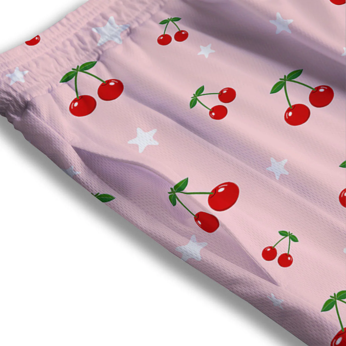 Cherry Pink Print Pattern Mesh Shorts - Image 3