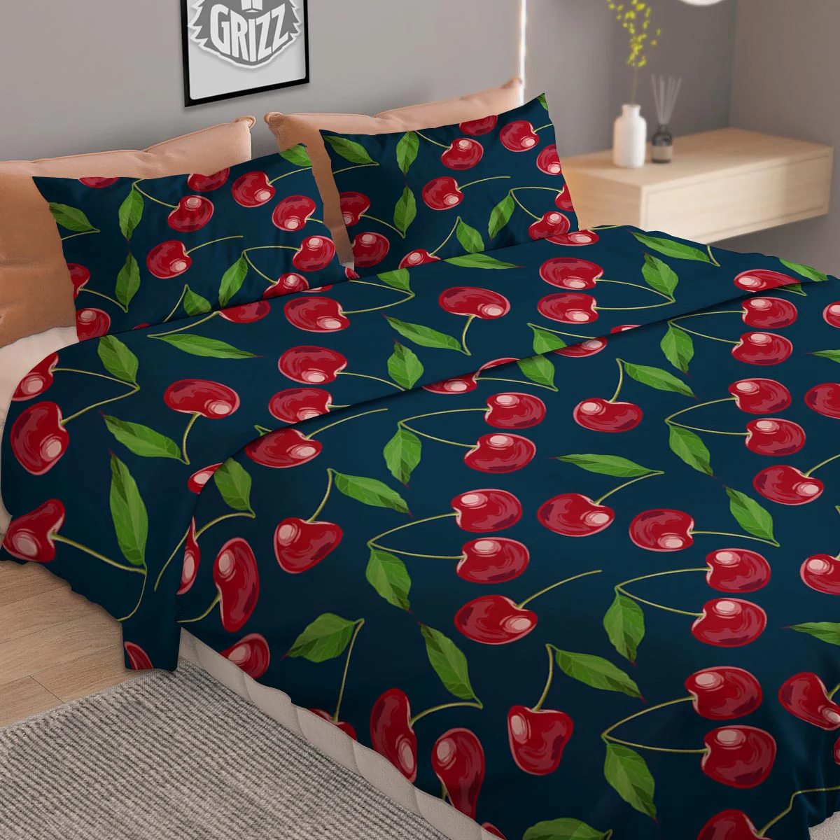 Cherry Red Print Pattern Duvet Cover Bedding Set - Image 2