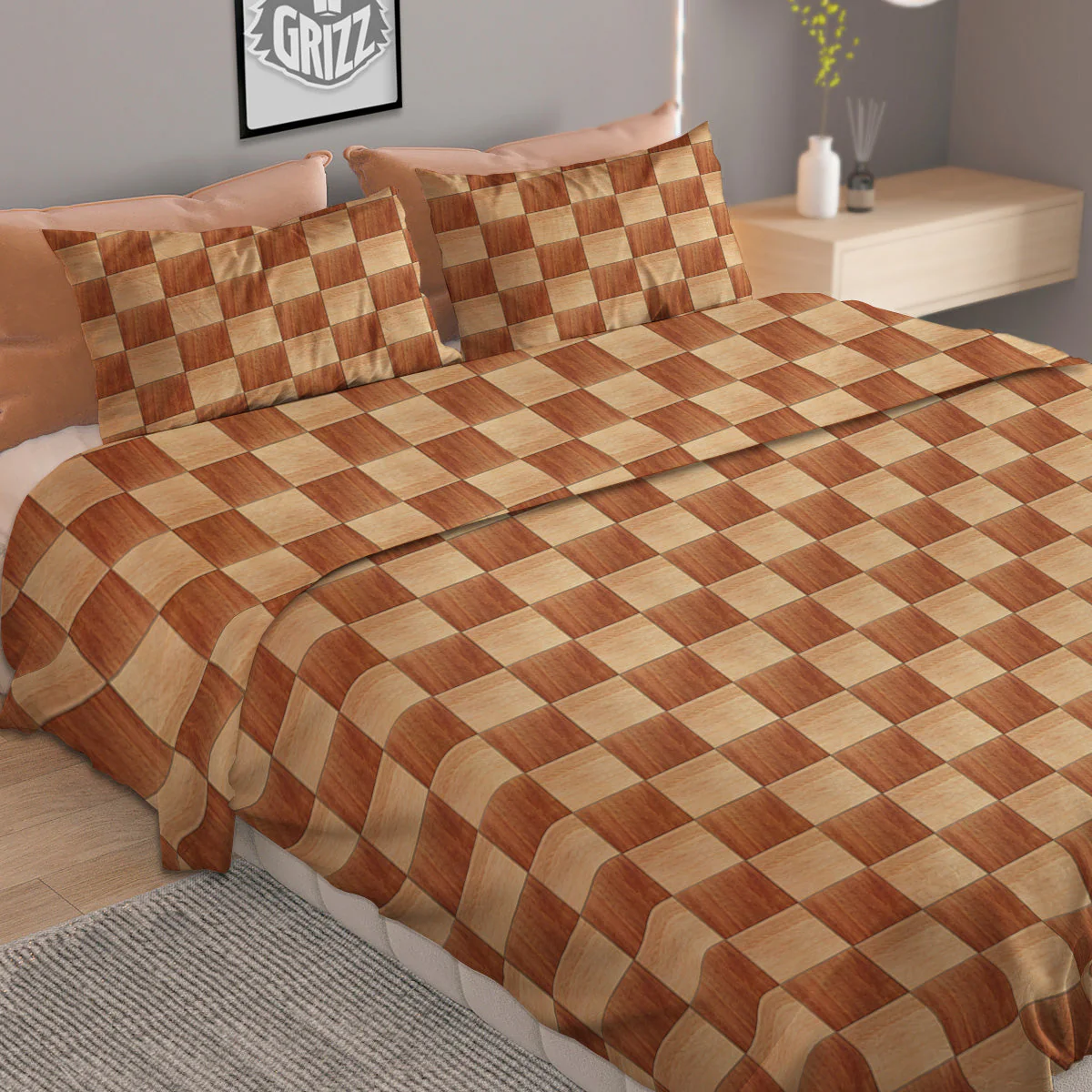 Chess Board Wood Print Pattern Duvet Cover Bedding Set - Image 2