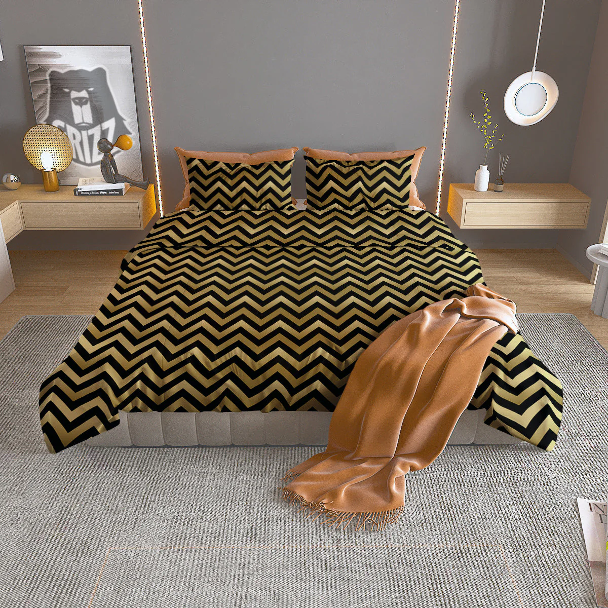 Chevron Black And Gold Print Pattern Duvet Cover Bedding Set