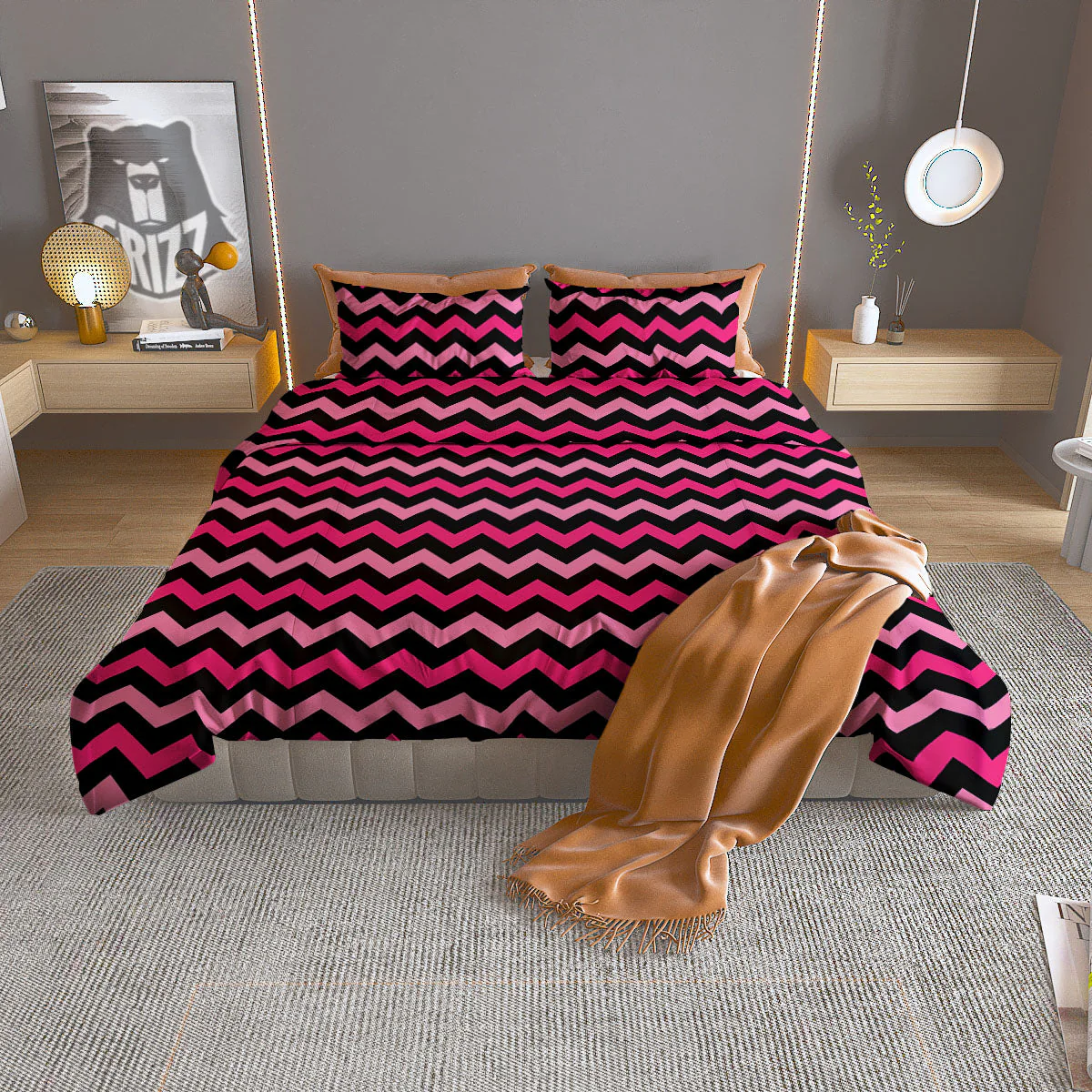 Chevron Black And Pink Print Pattern Duvet Cover Bedding Set