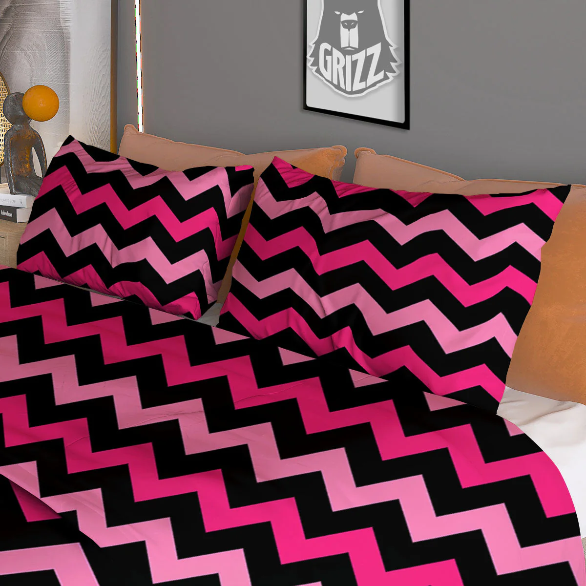 Chevron Black And Pink Print Pattern Duvet Cover Bedding Set - Image 3