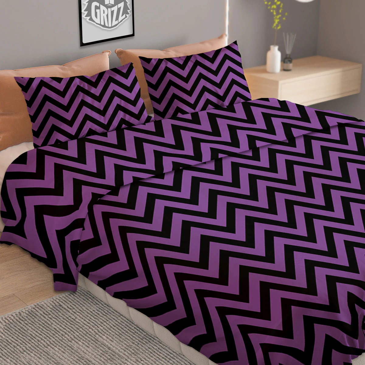Chevron Black And Purple Print Pattern Duvet Cover Bedding Set - Image 2