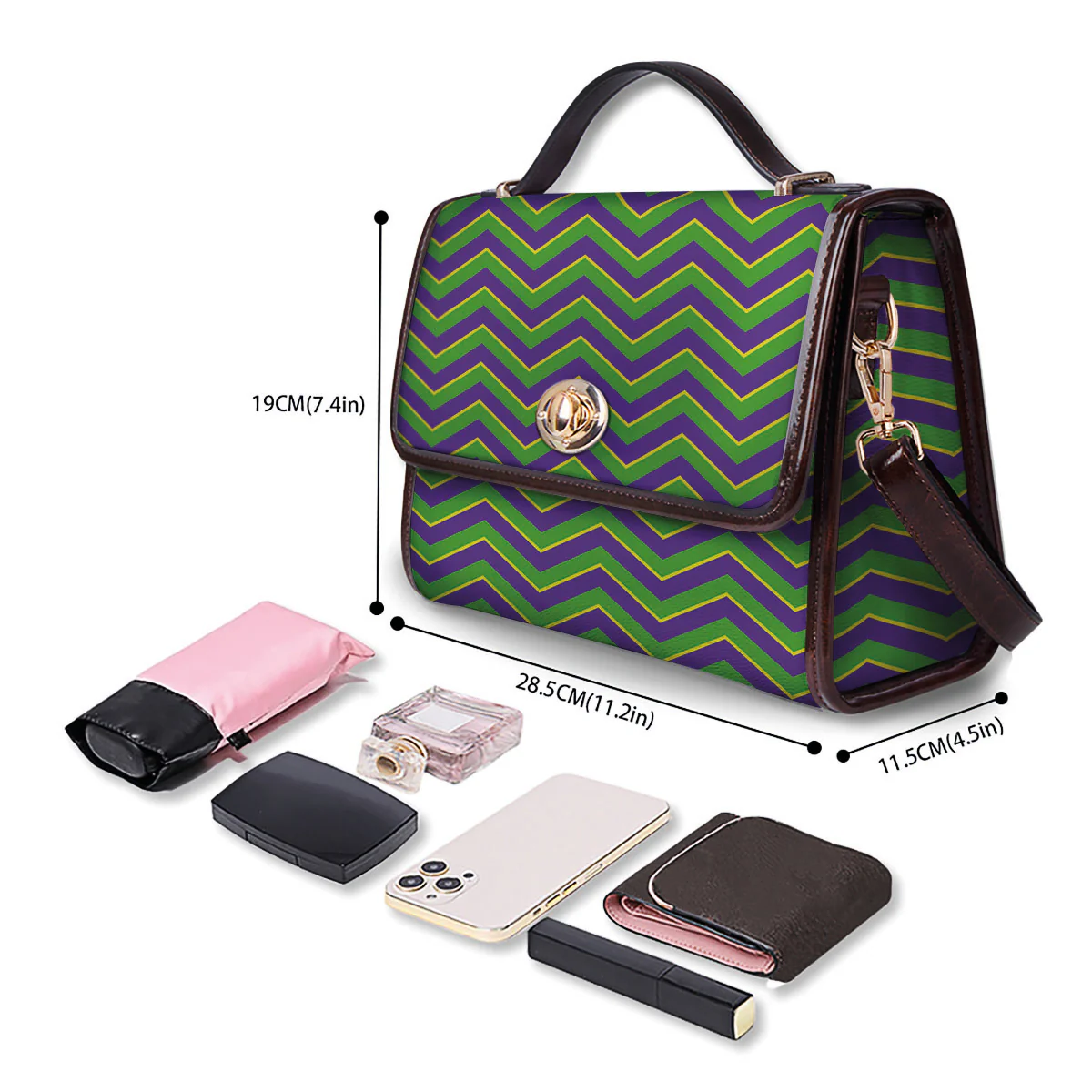 Chevron Mardi Gras Print Pattern Women's Satchel Bag - Image 4