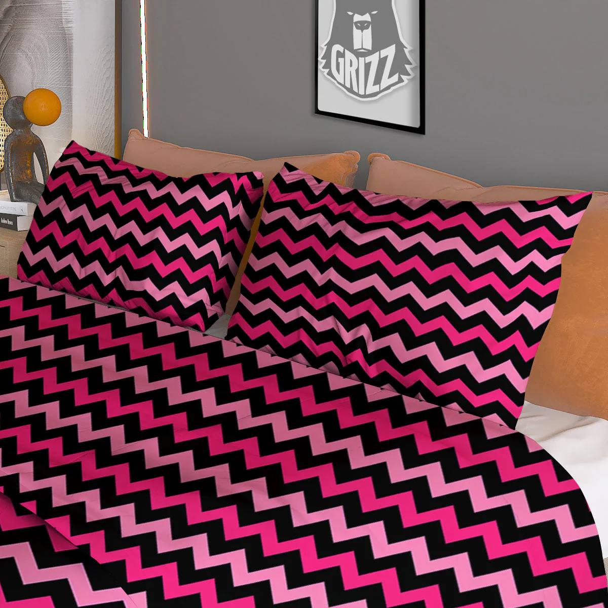 Chevron Pink And Black Print Pattern Duvet Cover Bedding Set - Image 3