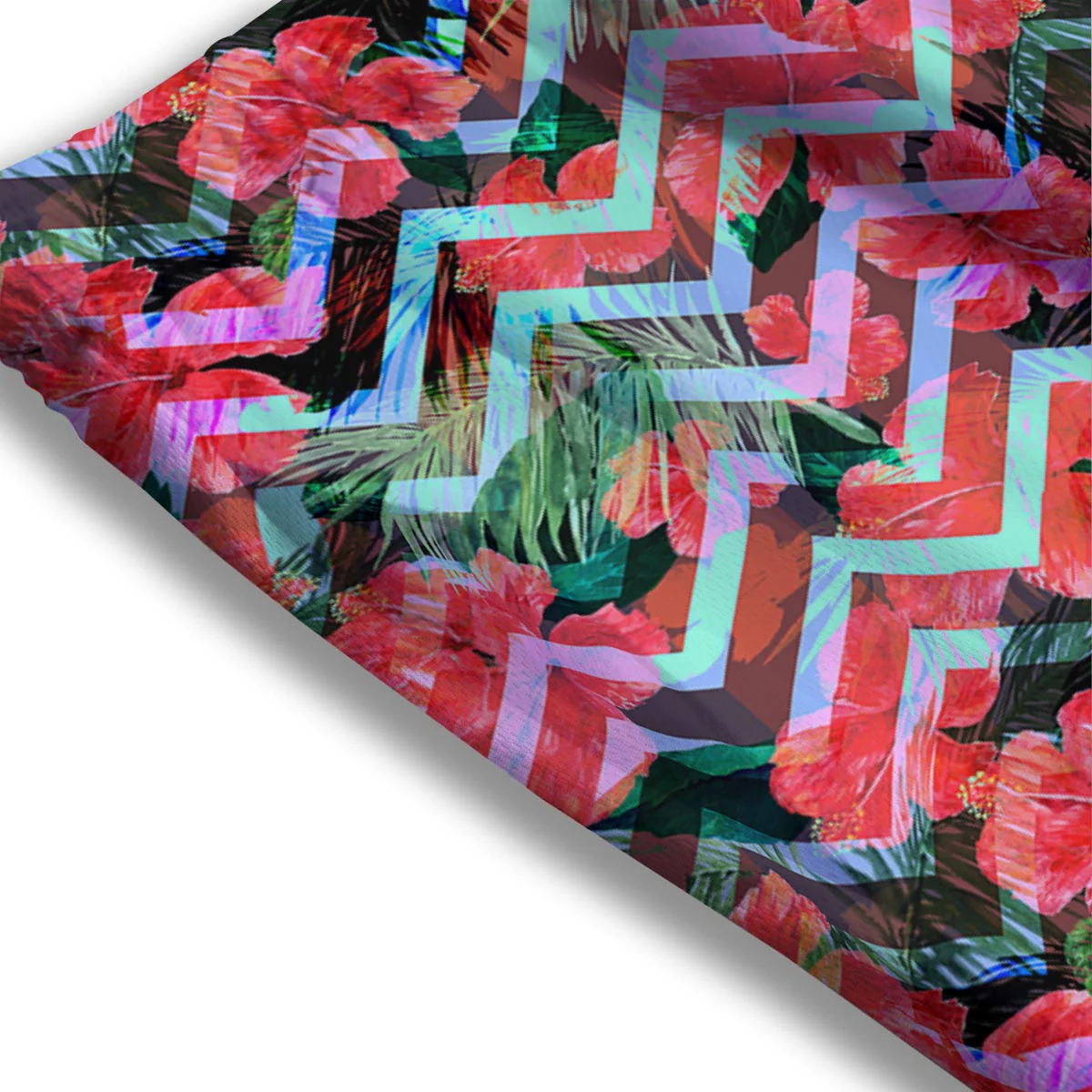 Chevron Red Hibiscus Print Pattern Mesh Shorts - Image 3