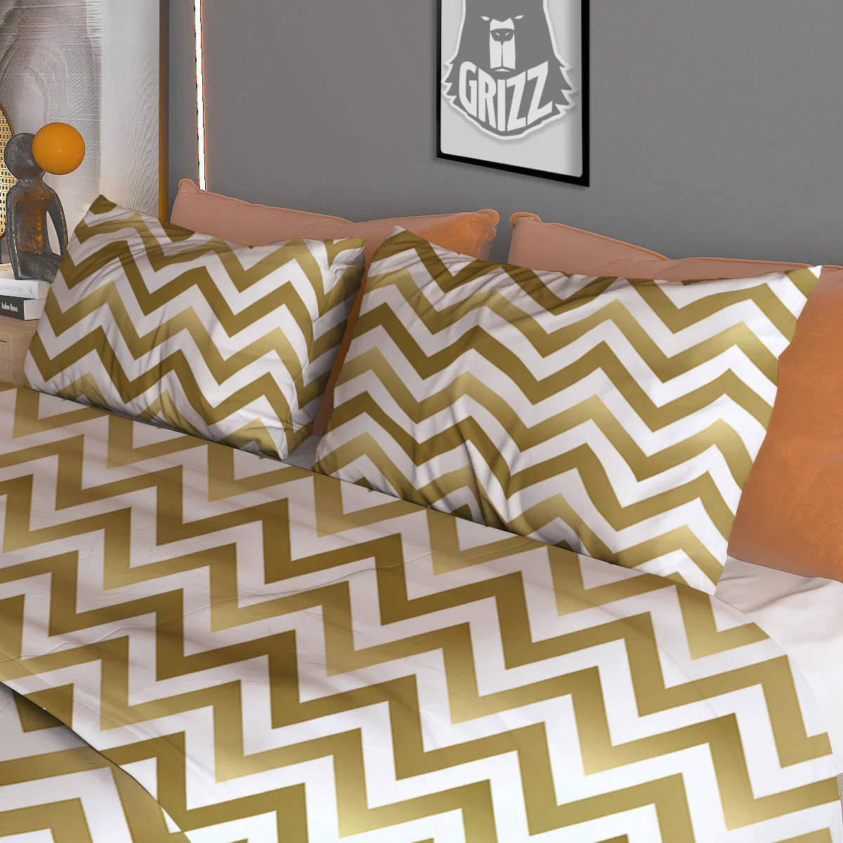 Chevron White And Gold Print Pattern Duvet Cover Bedding Set - Image 3