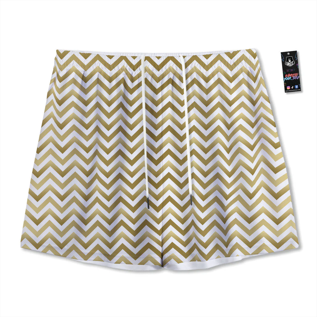 Chevron White And Gold Print Pattern Mesh Shorts