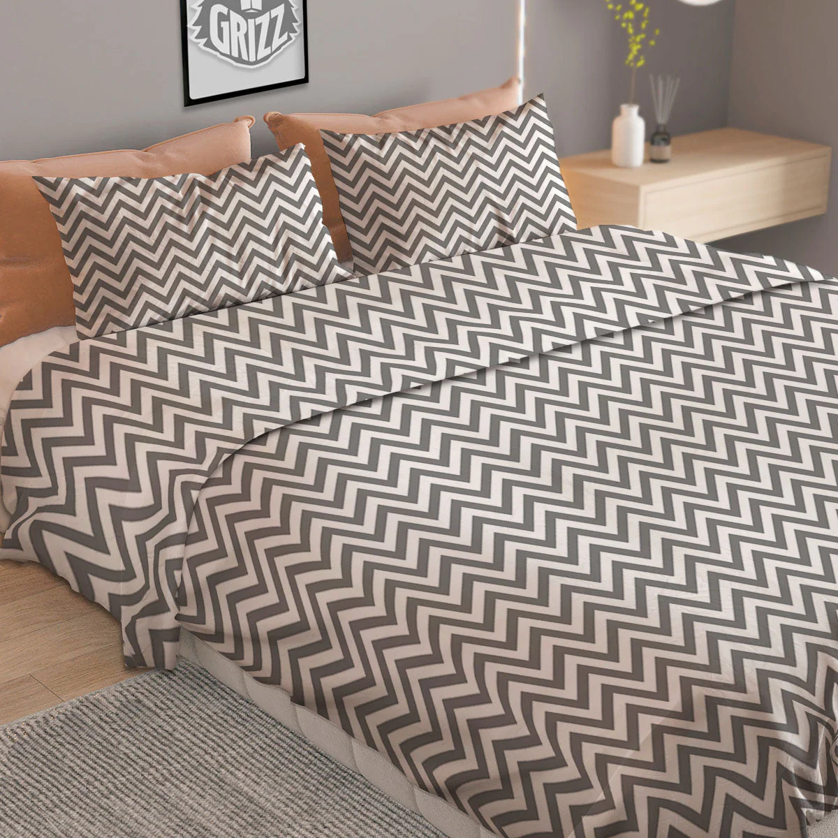 Chevron White And Grey Print Pattern Duvet Cover Bedding Set - Image 2