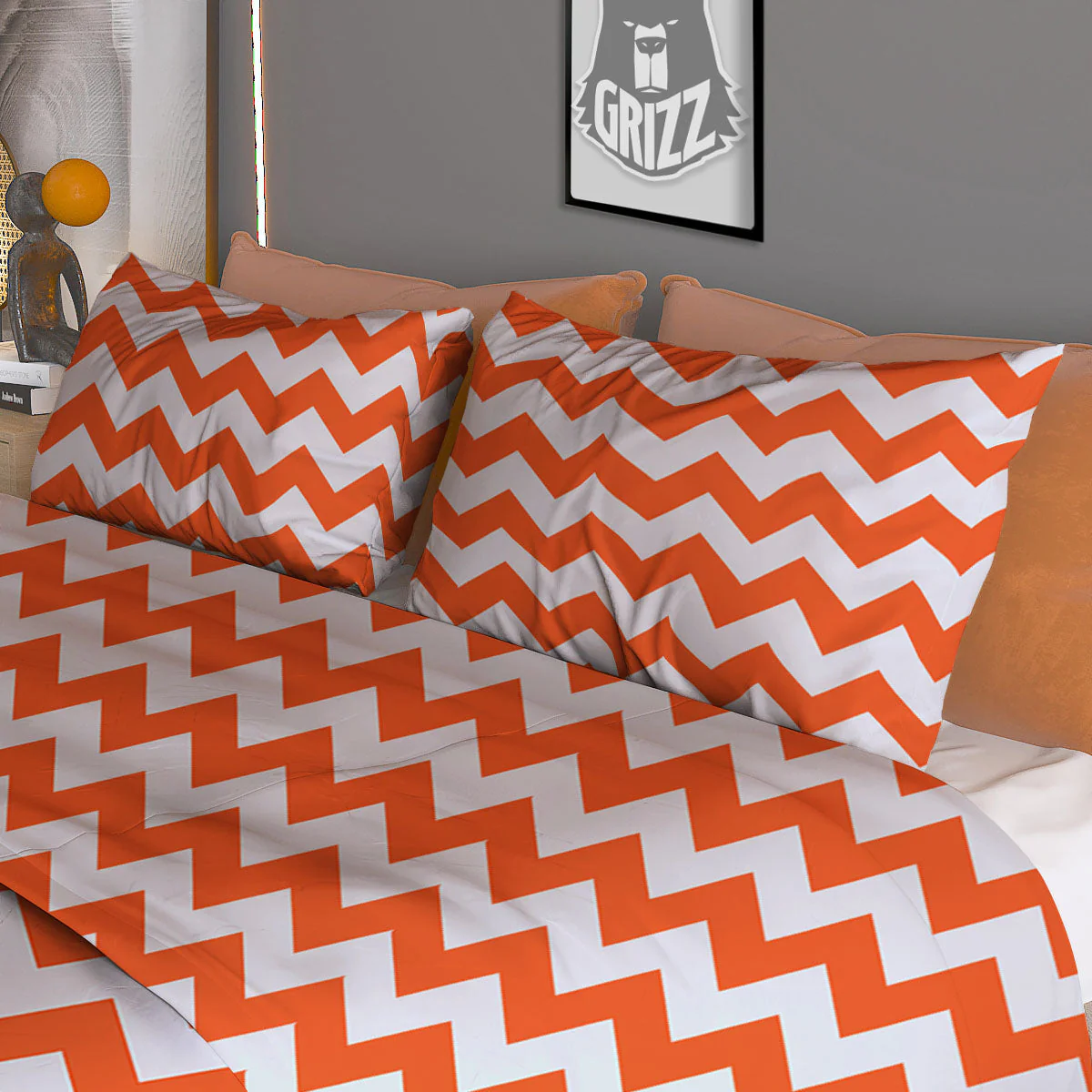 Chevron White And Orange Print Pattern Duvet Cover Bedding Set - Image 3