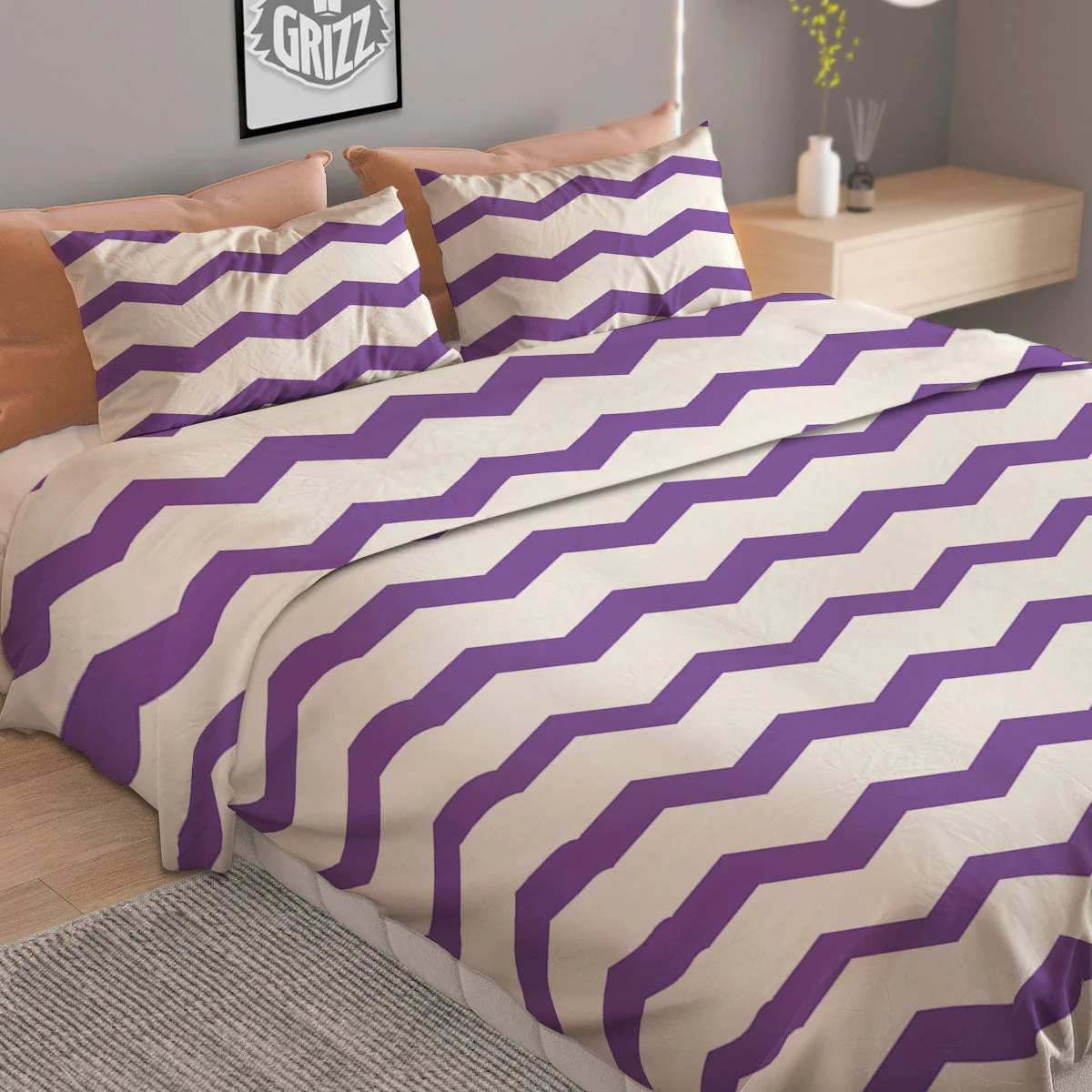 Chevron White And Purple Print Pattern Duvet Cover Bedding Set - Image 2