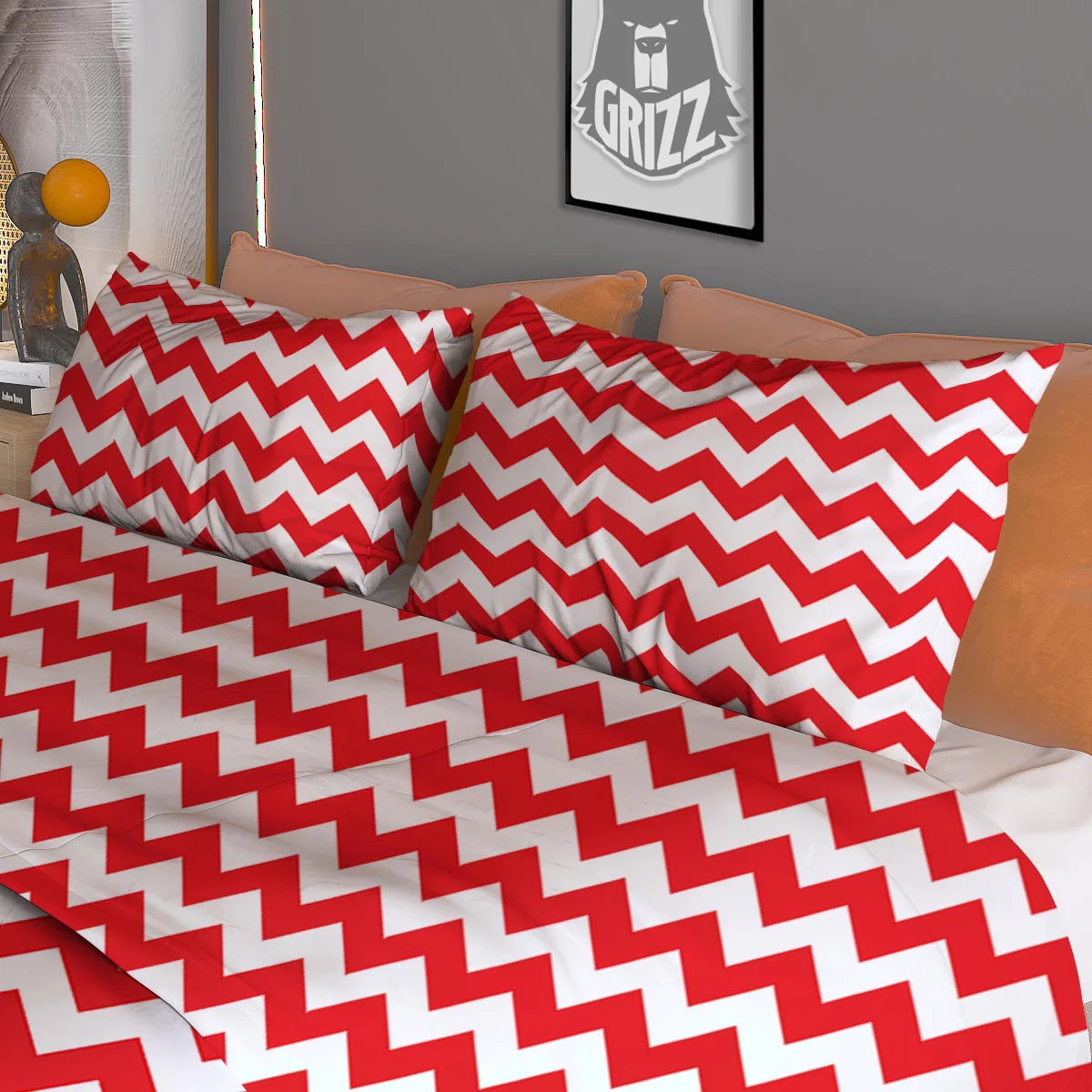 Chevron White And Red Print Pattern Duvet Cover Bedding Set - Image 3