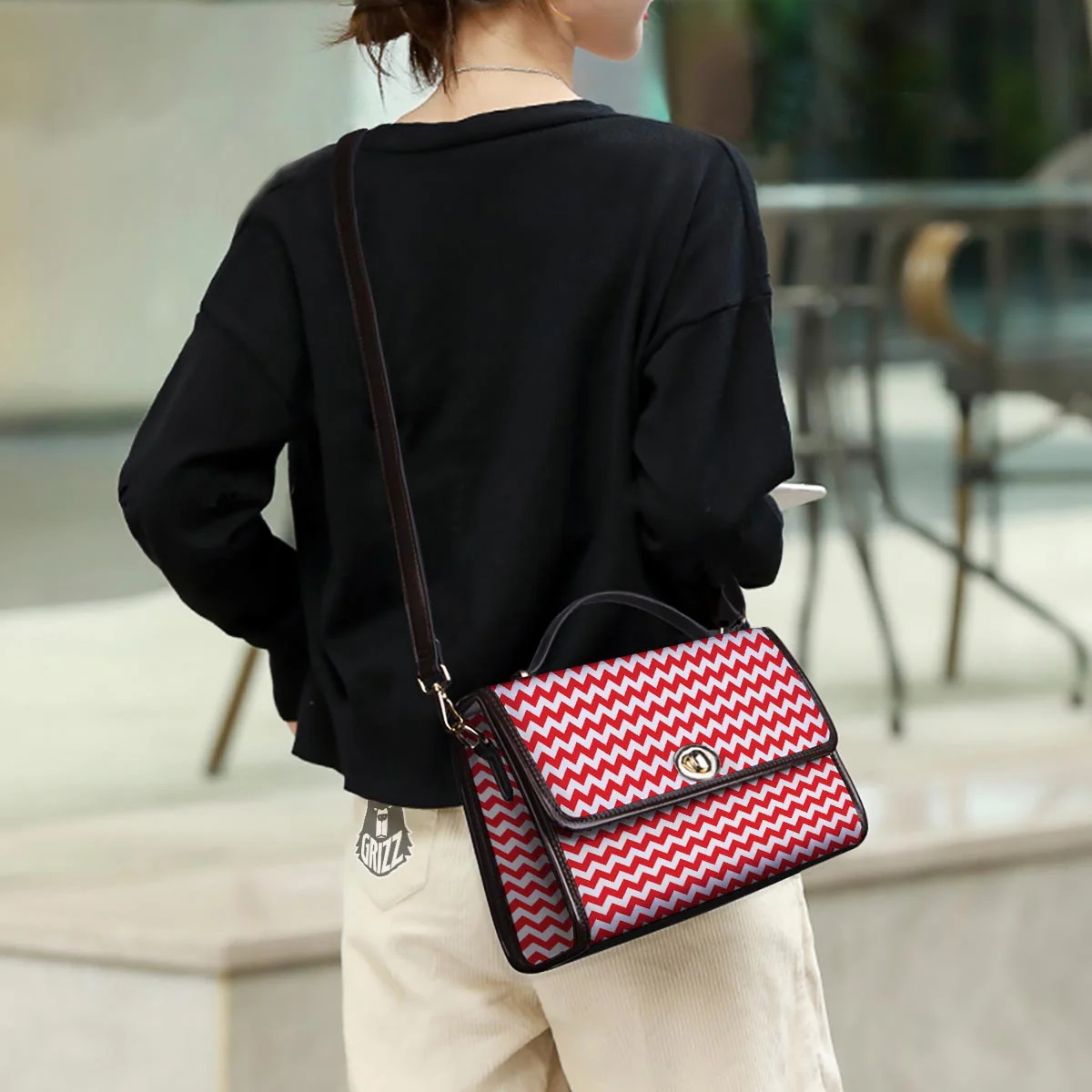 Chevron White And Red Print Pattern Women's Satchel Bag - Image 3