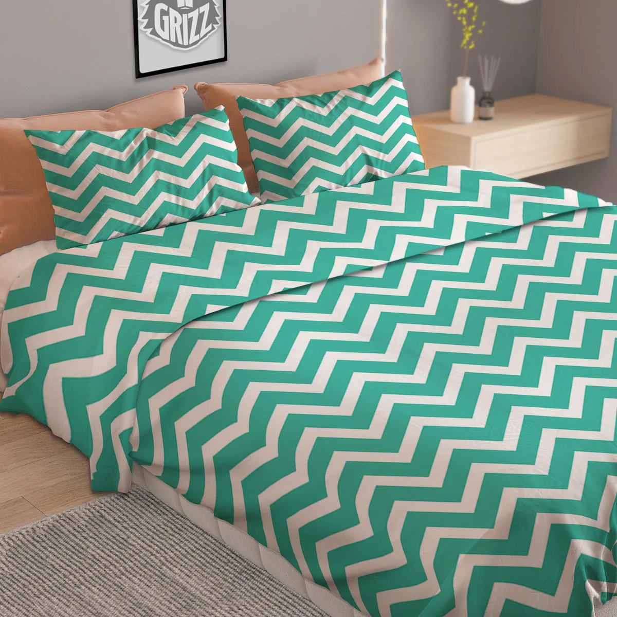 Chevron White And Teal Print Pattern Duvet Cover Bedding Set - Image 2