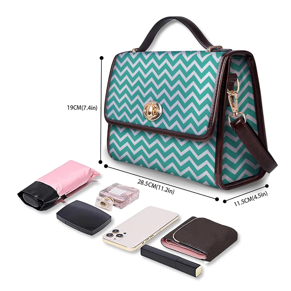 Chevron White And Teal Print Pattern Women's Satchel Bag - Image 4