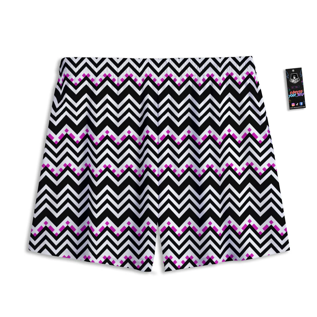 Chevron Zigzag Black Pink Print Pattern Mesh Shorts - Image 2