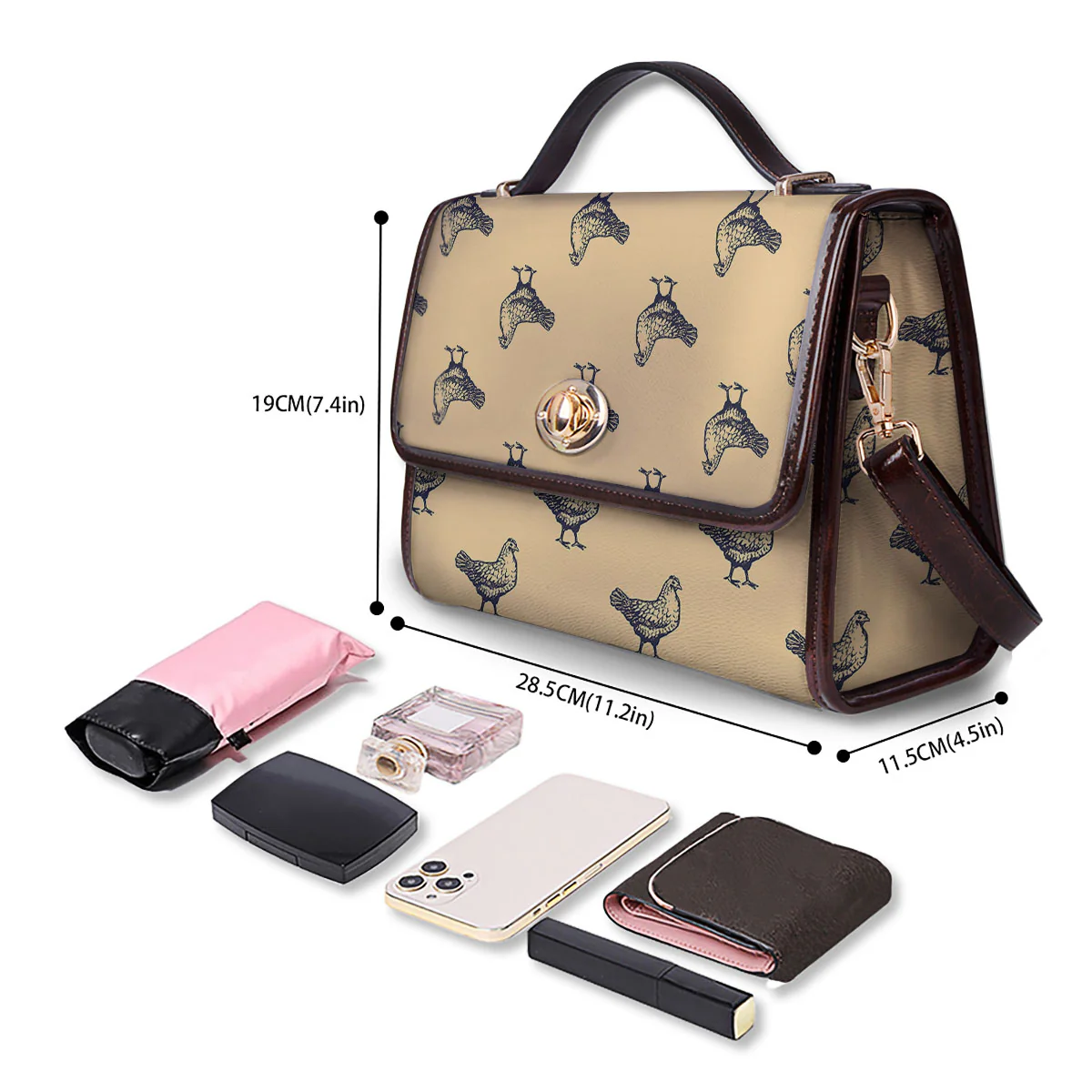 Chicken Hand Drawn Print Pattern Women's Satchel Bag - Image 4